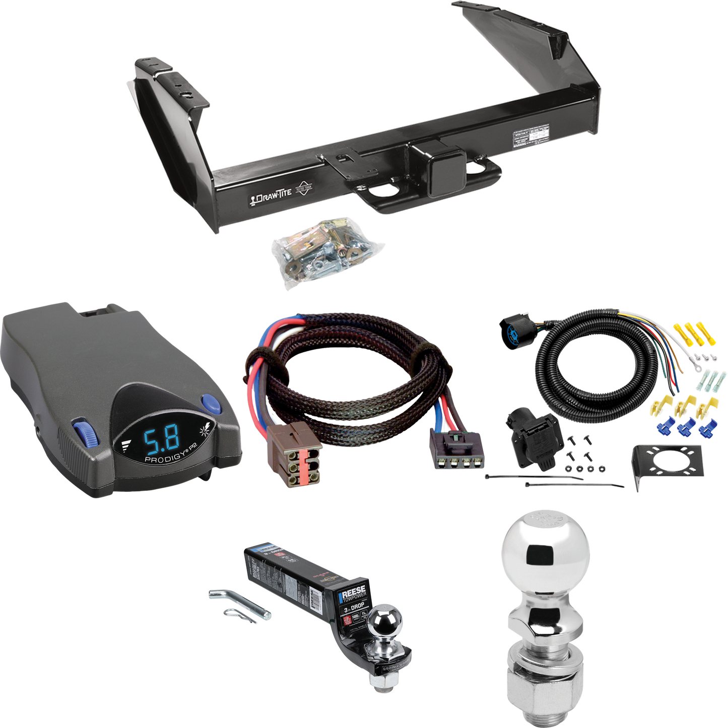 Se adapta al paquete de enganche de remolque Ford F-250 1994-1996 con control de freno Tekonsha Prodigy P2 + adaptador BC Plug &amp; Play + cableado RV de 7 vías + soporte de bola y caída de 2" y 2-5/16" de Draw-Tite