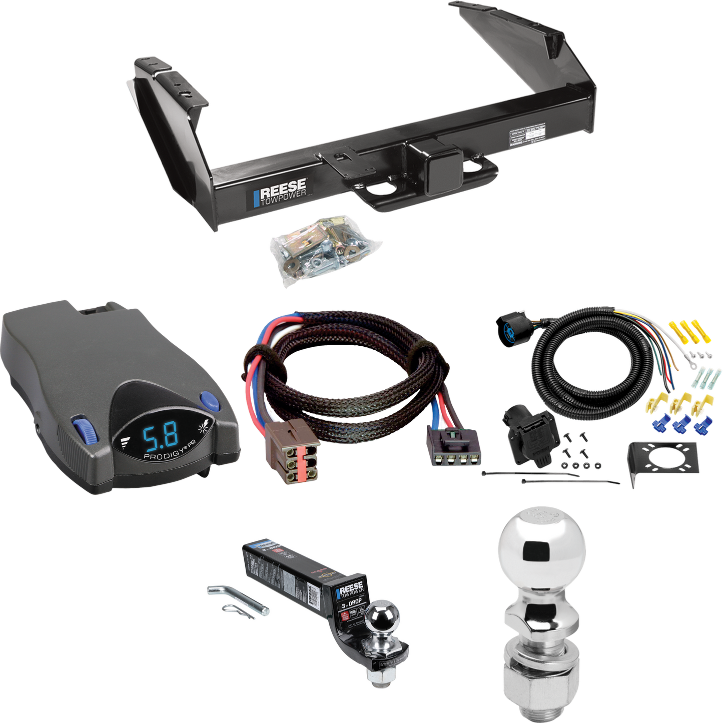 Se adapta al paquete de remolque con enganche para remolque Ford F-350 1994-1996 con control de freno Tekonsha Prodigy P2 + adaptador BC Plug &amp; Play + cableado RV de 7 vías + soporte de bola y caída de 2" y 2-5/16" de Reese Towpower