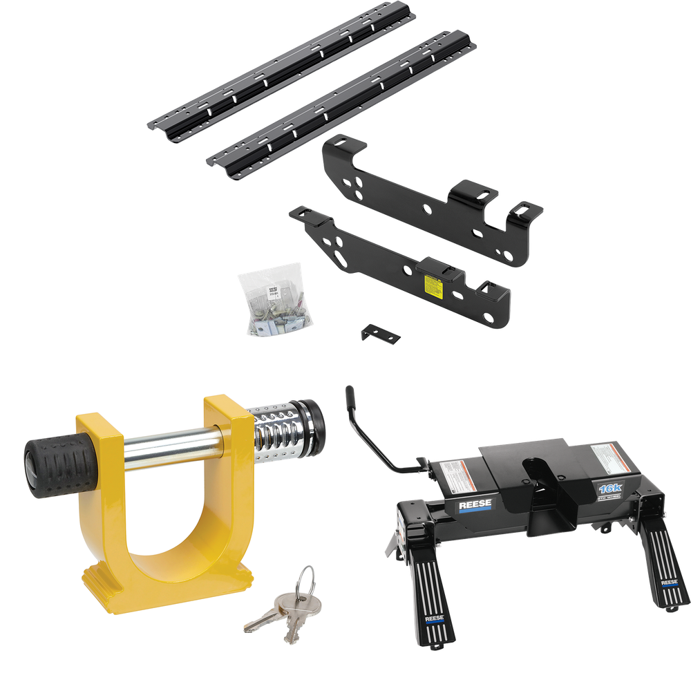 Fits 2011-2016 Ford F-350 Super Duty Custom Industry Standard Above Bed Rail Kit + 16K Fifth Wheel + King Pin Lock (For 5'8 or Shorter Bed (Sidewinder Required), Except Cab & Chassis, w/o Factory Puck System Models) By Reese