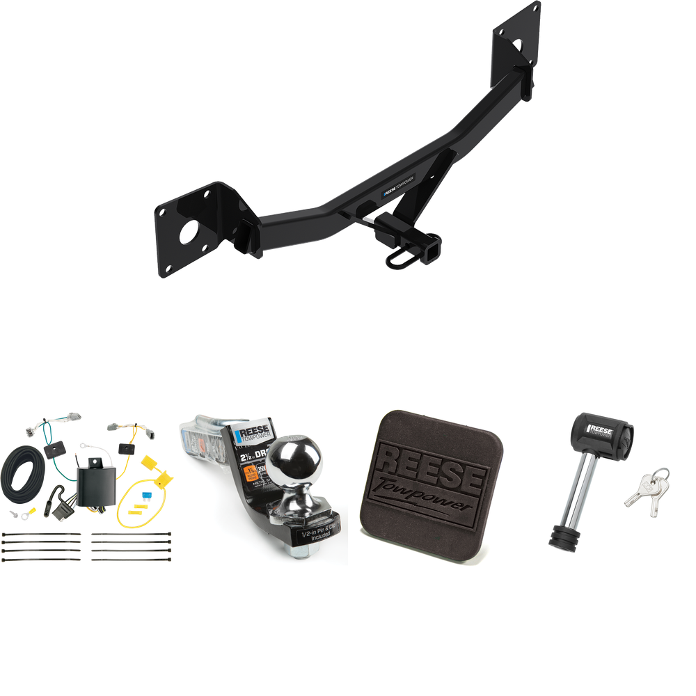 Fits 2016-2023 Chevrolet Malibu Trailer Hitch Tow PKG w/ 4-Flat Wiring Harness + Interlock Starter Kit w/ 2" Ball 2-1/2" Drop 2" Rise + Hitch Cover + Hitch Lock (Excludes: Premier (New Body Style) Models) By Reese Towpower