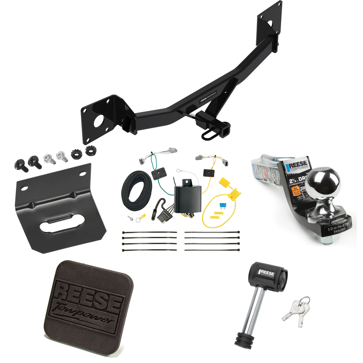 Fits 2016-2023 Chevrolet Malibu Trailer Hitch Tow PKG w/ 4-Flat Wiring Harness + Interlock Starter Kit w/ 2" Ball 2-1/2" Drop 2" Rise + Wiring Bracket + Hitch Cover + Hitch Lock (Excludes: Premier (New Body Style) Models) By Reese Towpower