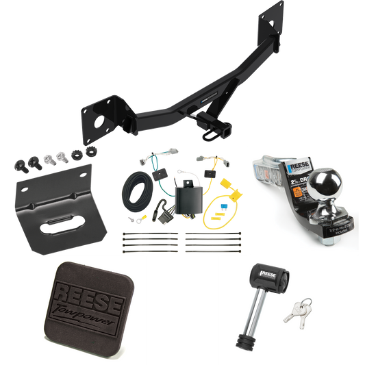 Fits 2016-2023 Chevrolet Malibu Trailer Hitch Tow PKG w/ 4-Flat Wiring Harness + Interlock Starter Kit w/ 2" Ball 2-1/2" Drop 2" Rise + Wiring Bracket + Hitch Cover + Hitch Lock (Excludes: Premier (New Body Style) Models) By Reese Towpower