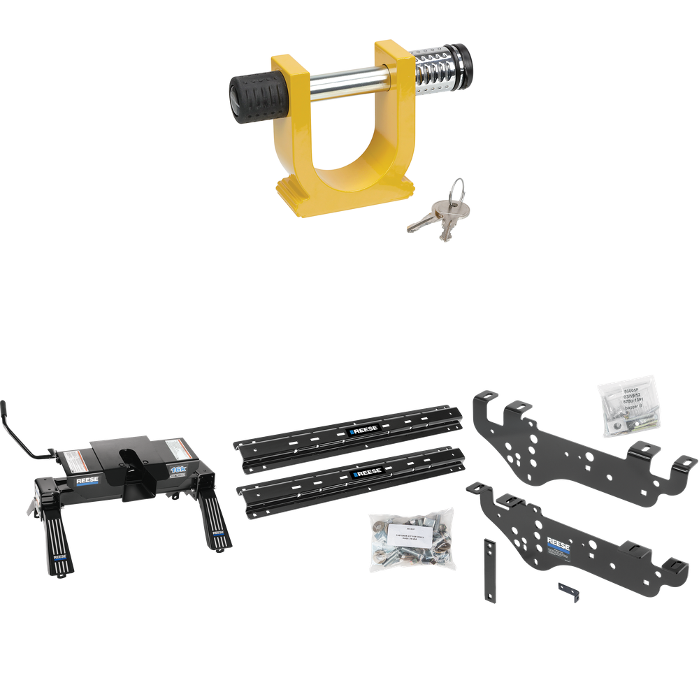 Fits 1999-2010 Ford F-350 Super Duty Custom Outboard Above Bed Rail Kit + 16K Fifth Wheel + King Pin Lock (For 5'8 or Shorter Bed (Sidewinder Required), Except Cab & Chassis, w/o Factory Puck System Models) By Reese