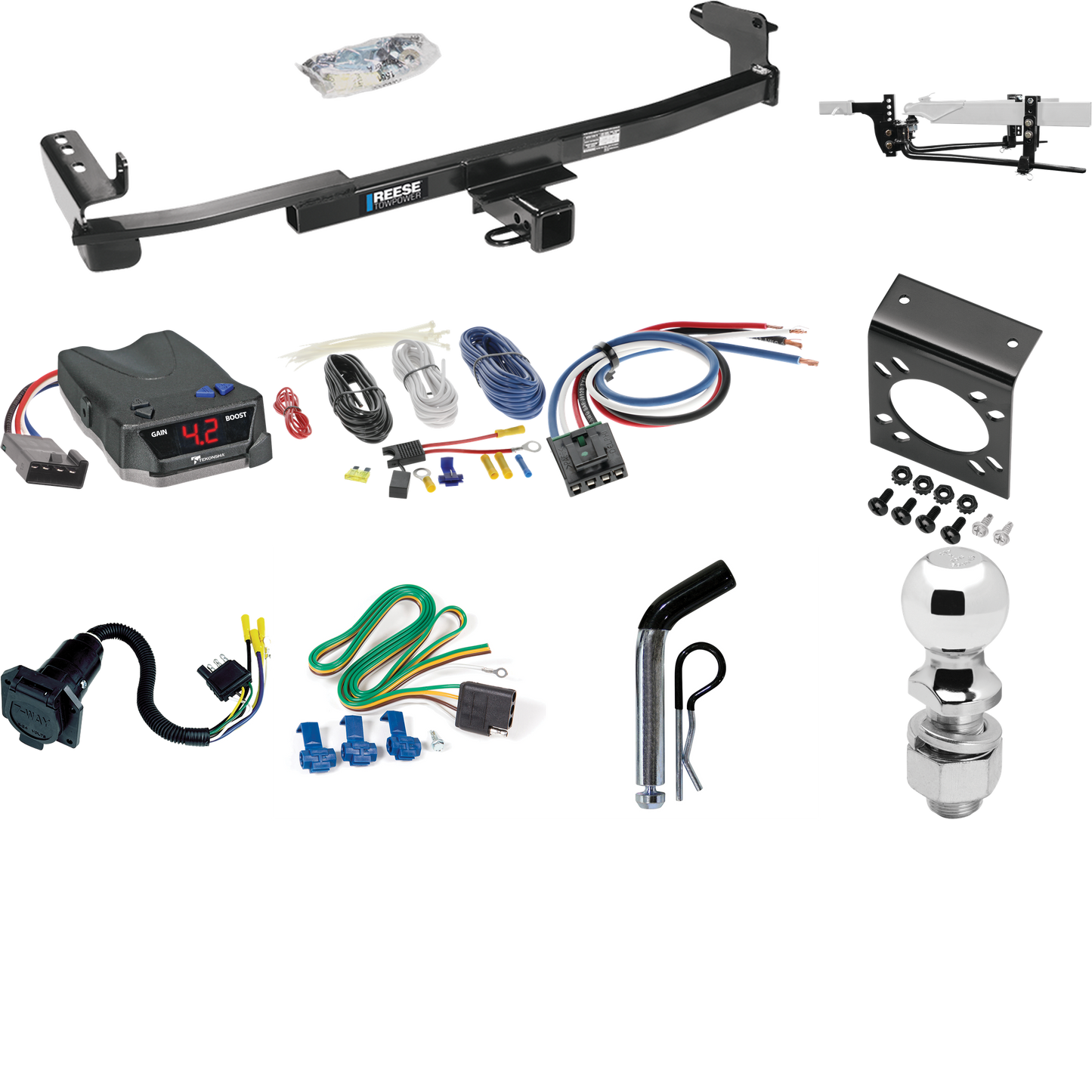 Fits 2008-2009 Ford Taurus X Trailer Hitch Tow PKG w/ 6K Round Bar Weight Distribution Hitch w/ 2-5/16" Ball + 2" Ball + Pin/Clip + Tekonsha BRAKE-EVN Brake Control + Generic BC Wiring Adapter + 7-Way RV Wiring By Reese Towpower