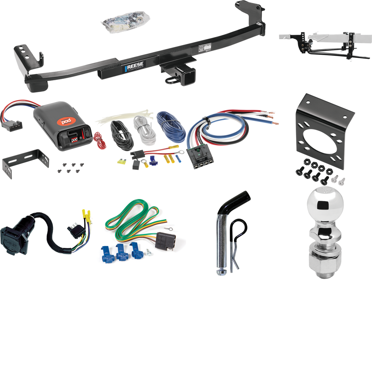 Fits 2008-2009 Ford Taurus Trailer Hitch Tow PKG w/ 6K Round Bar Weight Distribution Hitch w/ 2-5/16" Ball + 2" Ball + Pin/Clip + Pro Series POD Brake Control + Generic BC Wiring Adapter + 7-Way RV Wiring (For Sedan Models) By Reese Towpower