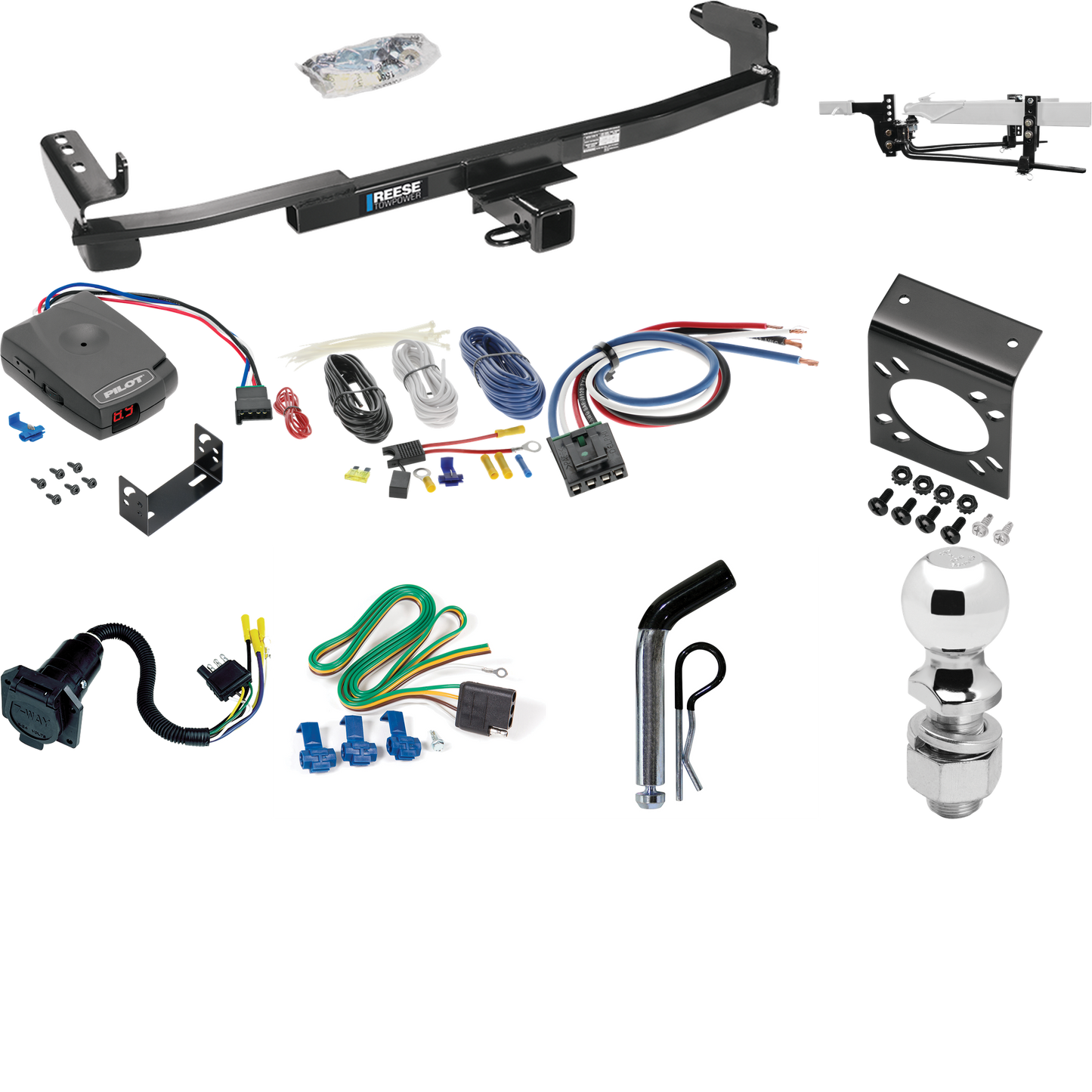 Fits 2008-2009 Ford Taurus X Trailer Hitch Tow PKG w/ 6K Round Bar Weight Distribution Hitch w/ 2-5/16" Ball + 2" Ball + Pin/Clip + Pro Series Pilot Brake Control + Generic BC Wiring Adapter + 7-Way RV Wiring By Reese Towpower