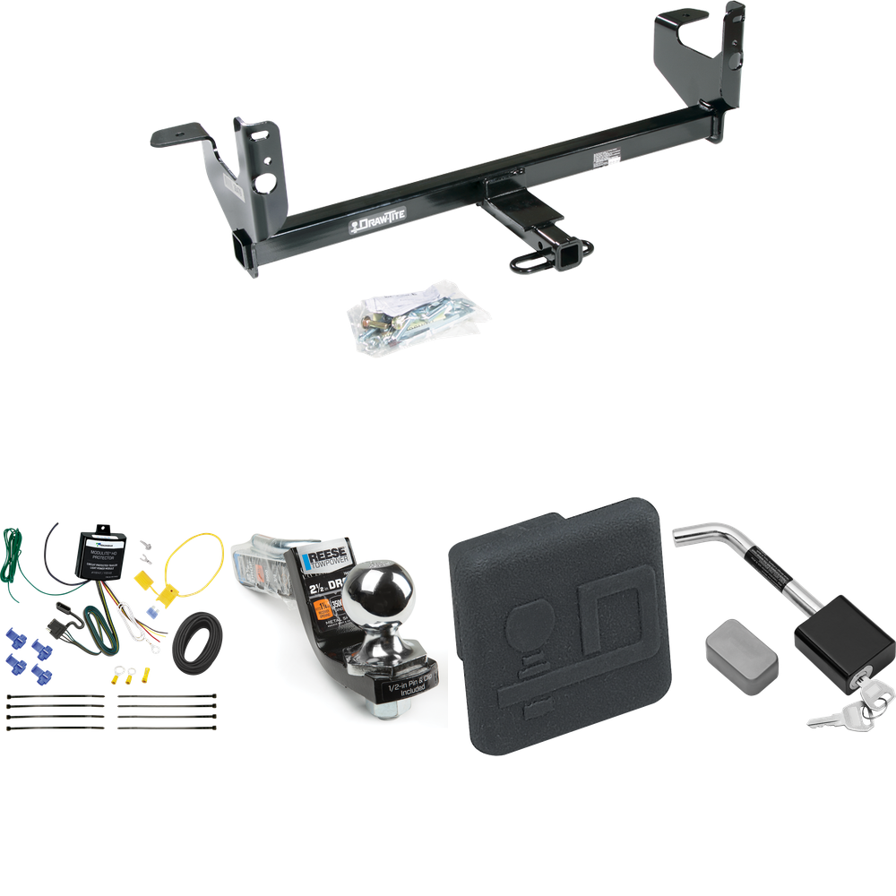 Fits 2008-2012 Chevrolet Malibu LTZ Trailer Hitch Tow PKG w/ 4-Flat Wiring Harness + Interlock Starter Kit w/ 2" Ball 2-1/2" Drop 2" Rise + Hitch Cover + Hitch Lock By Draw-Tite