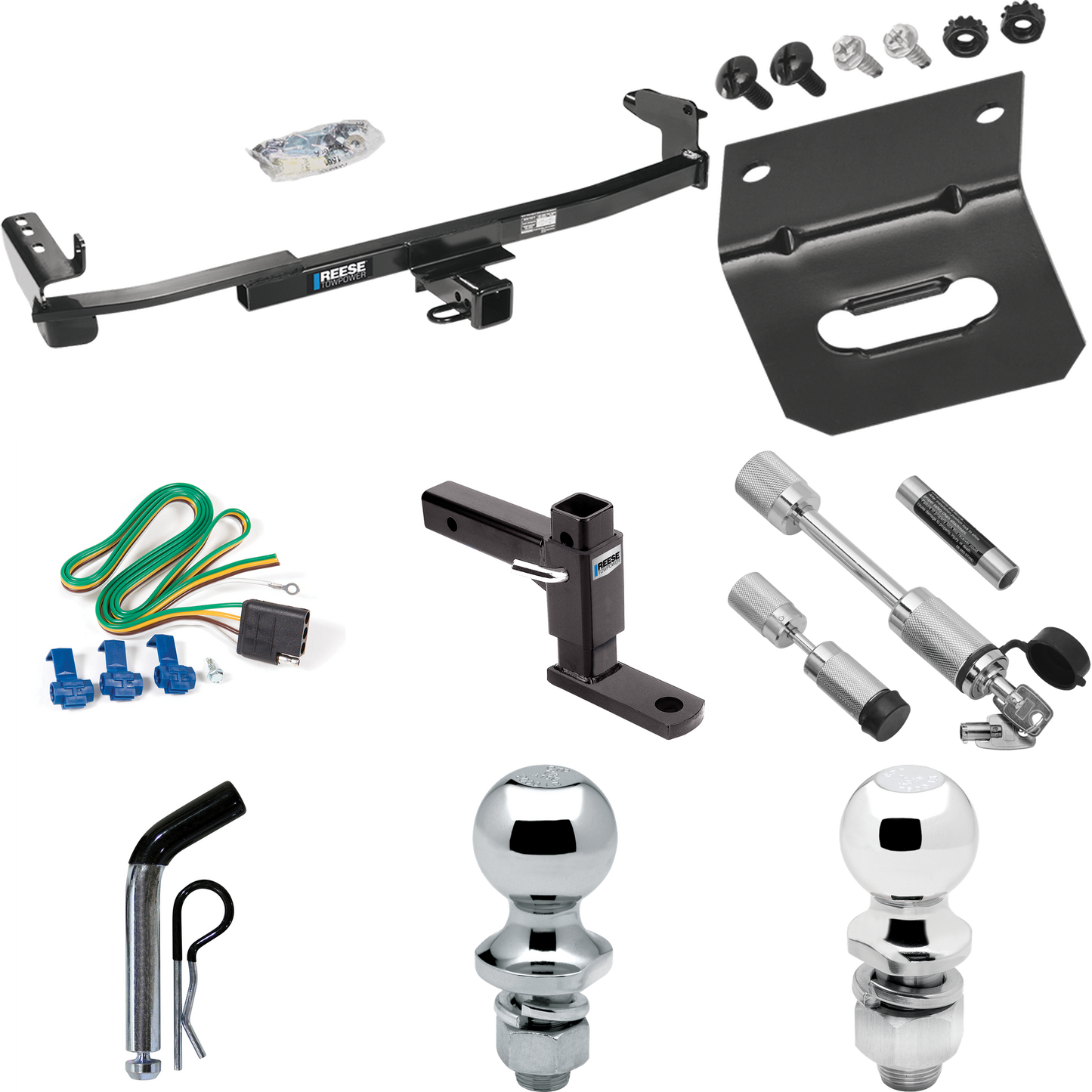 Fits 2008-2009 Mercury Sable Trailer Hitch Tow PKG w/ 4-Flat Wiring Harness + Adjustable Drop Rise Ball Mount + Pin/Clip + 2" Ball + 1-7/8" Ball + Dual Hitch & Coupler Locks (For Sedan Models) By Reese Towpower