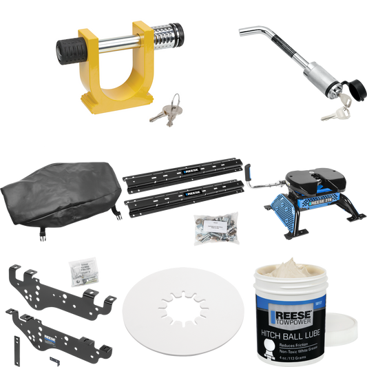 Fits 1999-2010 Ford F-350 Super Duty Custom Outboard Above Bed Rail Kit + Reese M5 27K Fifth Wheel + King Pin Lock + Base Rail Lock + 10" Lube Plate + Fifth Wheel Cover + Lube (For 6-1/2' and 8 foot Bed, Except Cab & Chassis, w/o Factory Puck System