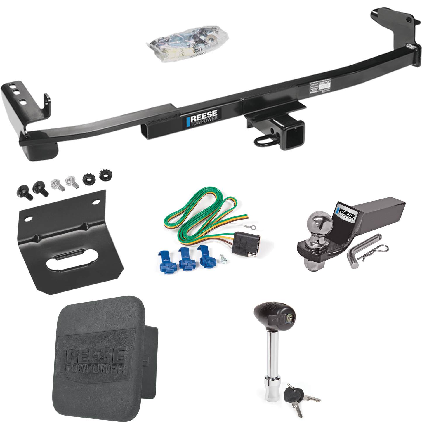 Fits 2008-2009 Ford Taurus X Trailer Hitch Tow PKG w/ 4-Flat Wiring + Starter Kit Ball Mount w/ 2" Drop & 2" Ball + 1-7/8" Ball + Wiring Bracket + Hitch Lock + Hitch Cover By Reese Towpower