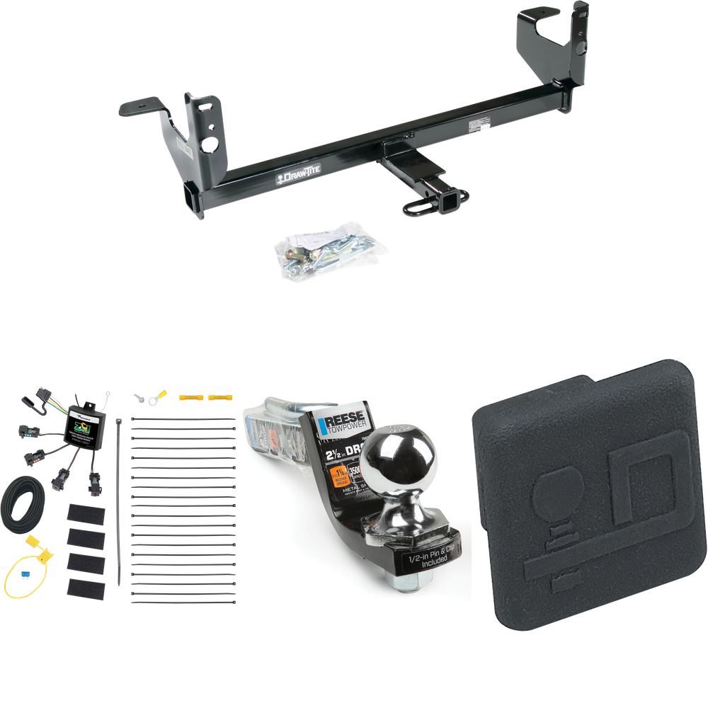 Fits 2008-2012 Chevrolet Malibu LTZ Trailer Hitch Tow PKG w/ 4-Flat Zero Contact "No Splice" Wiring Harness + Interlock Starter Kit w/ 2" Ball 2-1/2" Drop 2" Rise + Hitch Cover By Draw-Tite