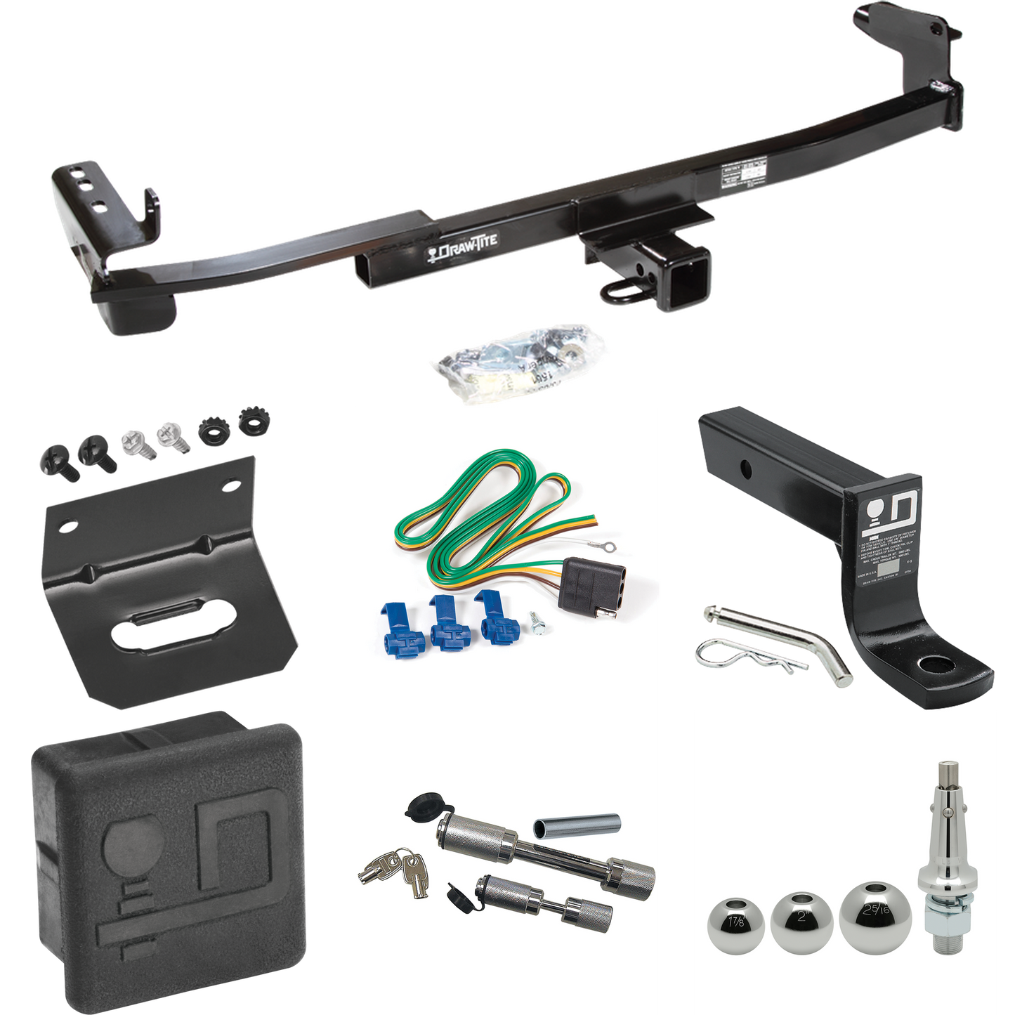Fits 2008-2009 Ford Taurus Trailer Hitch Tow PKG w/ 4-Flat Wiring + Ball Mount w/ 4" Drop + Interchangeable Ball 1-7/8" & 2" & 2-5/16" + Wiring Bracket + Dual Hitch & Coupler Locks + Hitch Cover (For Sedan Models) By Draw-Tite