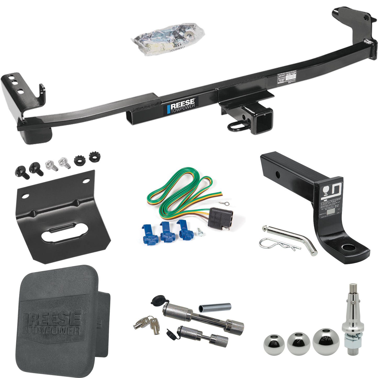 Fits 2008-2009 Mercury Sable Trailer Hitch Tow PKG w/ 4-Flat Wiring + Ball Mount w/ 4" Drop + Interchangeable Ball 1-7/8" & 2" & 2-5/16" + Wiring Bracket + Dual Hitch & Coupler Locks + Hitch Cover (For Sedan Models) By Reese Towpower