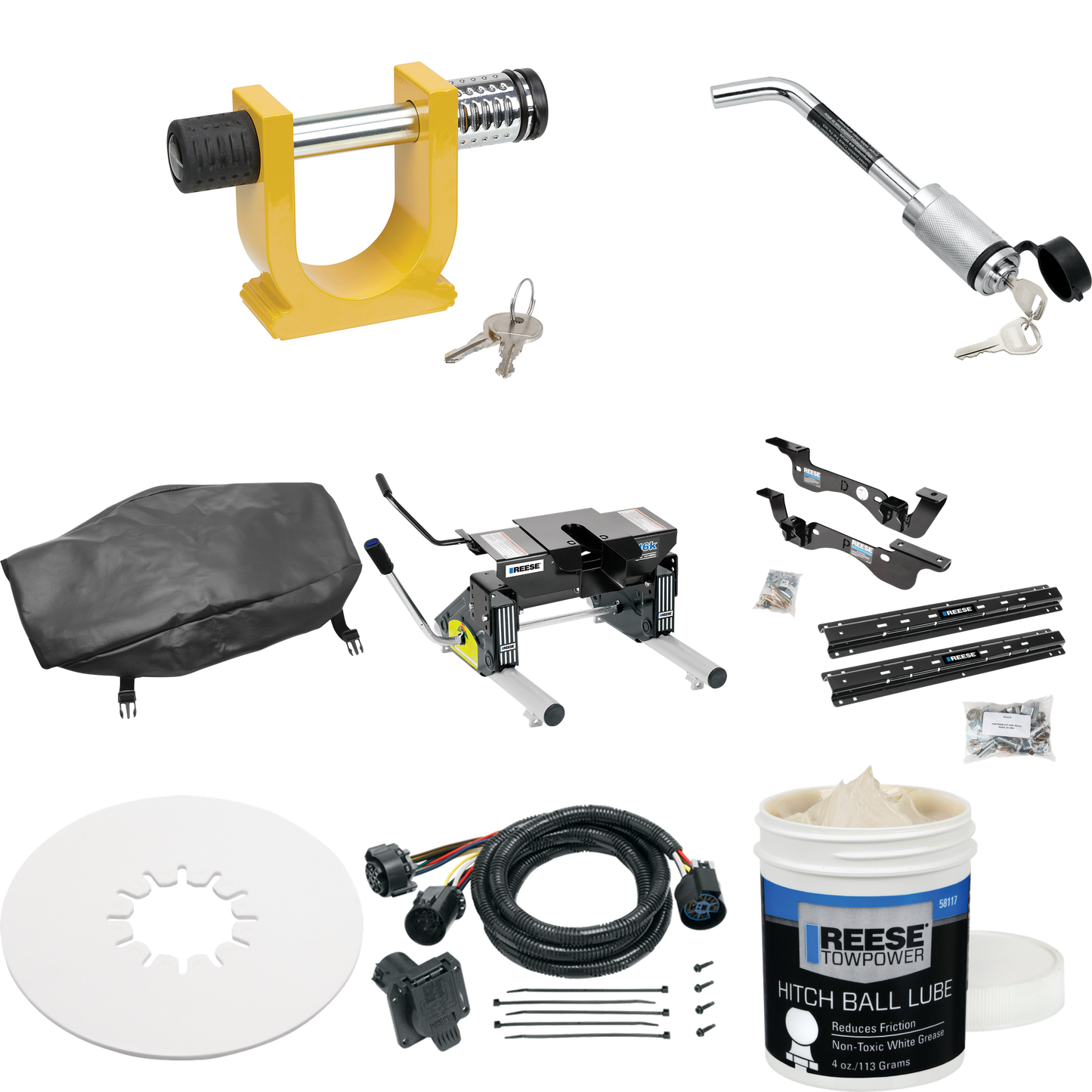 Fits 2017-2022 Ford F-250 Super Duty Custom Outboard Above Bed Rail Kit + 16K Fifth Wheel + Round Tube Slider + In-Bed Wiring + King Pin Lock + Base Rail Lock + 10" Lube Plate + Fifth Wheel Cover + Lube (For 6-1/2' or Shorter Bed, Except Cab & Chassi