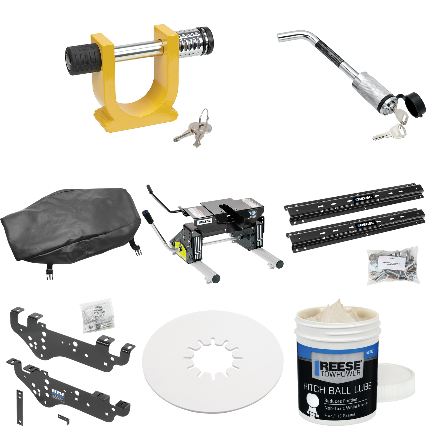 Fits 1999-2010 Ford F-350 Super Duty Custom Outboard Above Bed Rail Kit + 16K Fifth Wheel + Round Tube Slider + King Pin Lock + Base Rail Lock + 10" Lube Plate + Fifth Wheel Cover + Lube (For 6-1/2' or Shorter Bed, Except Cab & Chassis, w/o Factory P