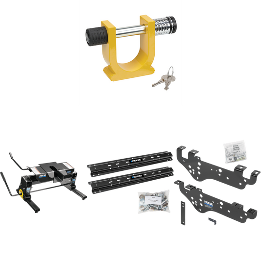 Fits 1999-2010 Ford F-250 Super Duty Custom Outboard Above Bed Rail Kit + 16K Fifth Wheel + Square Slider + King Pin Lock (For 6-1/2' or Shorter Bed, Except Cab & Chassis, w/o Factory Puck System Models) By Reese