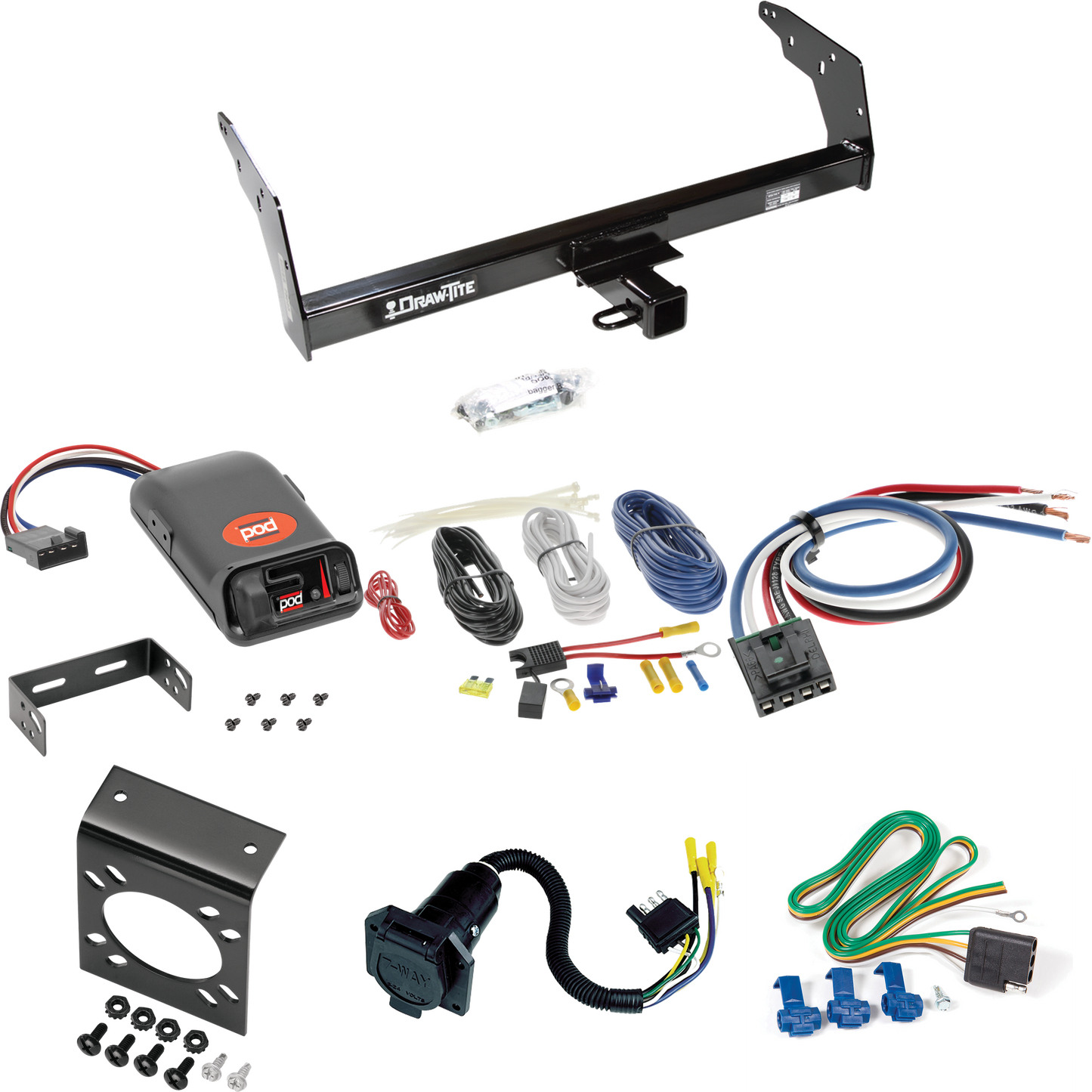 Fits 1996-1997 Chevrolet S10 Trailer Hitch Tow PKG w/ Pro Series POD Brake Control + Generic BC Wiring Adapter + 7-Way RV Wiring (For w/Sportside Bed & Non-Towing Bumper Models) By Draw-Tite