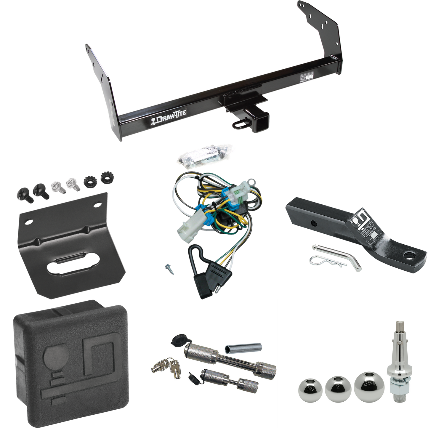 Fits 1998-2000 Isuzu Hombre Trailer Hitch Tow PKG w/ 4-Flat Wiring + Ball Mount w/ 2" Drop + Interchangeable Ball 1-7/8" & 2" & 2-5/16" + Wiring Bracket + Dual Hitch & Coupler Locks + Hitch Cover (For w/Step Bumper Models) By Draw-Tite