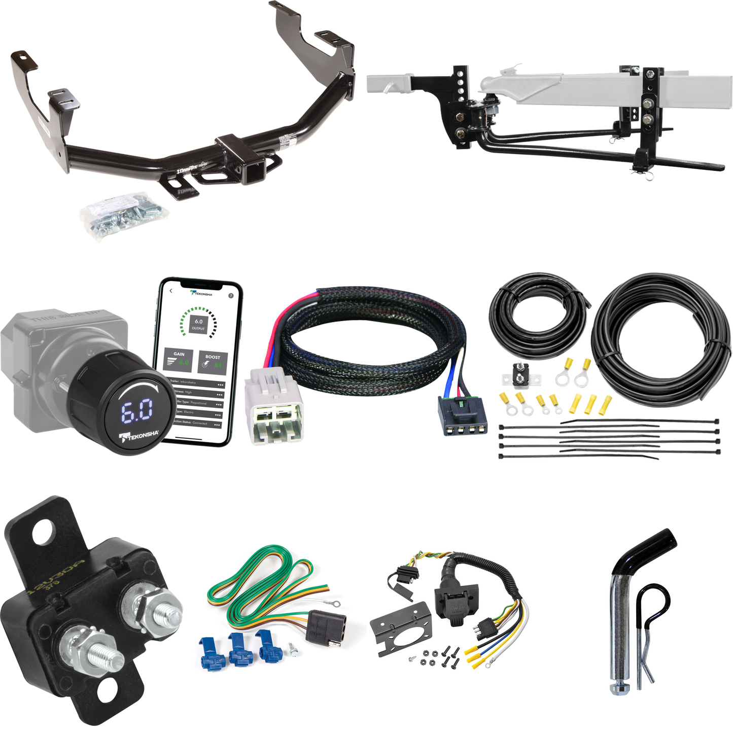 Fits 2005-2007 Ford F-250 Super Duty Trailer Hitch Tow PKG w/ 11.5K Round Bar Weight Distribution Hitch w/ 2-5/16" Ball + Pin/Clip + Tekonsha Prodigy iD Bluetooth Wireless Brake Control + Plug & Play BC Adapter + 7-Way RV Wiring (Excludes: Cab & Chas