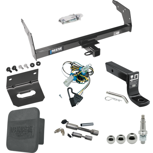 Fits 1998-2000 Isuzu Hombre Trailer Hitch Tow PKG w/ 4-Flat Wiring + Ball Mount w/ 4" Drop + Interchangeable Ball 1-7/8" & 2" & 2-5/16" + Wiring Bracket + Dual Hitch & Coupler Locks + Hitch Cover (For w/Step Bumper Models) By Reese Towpower