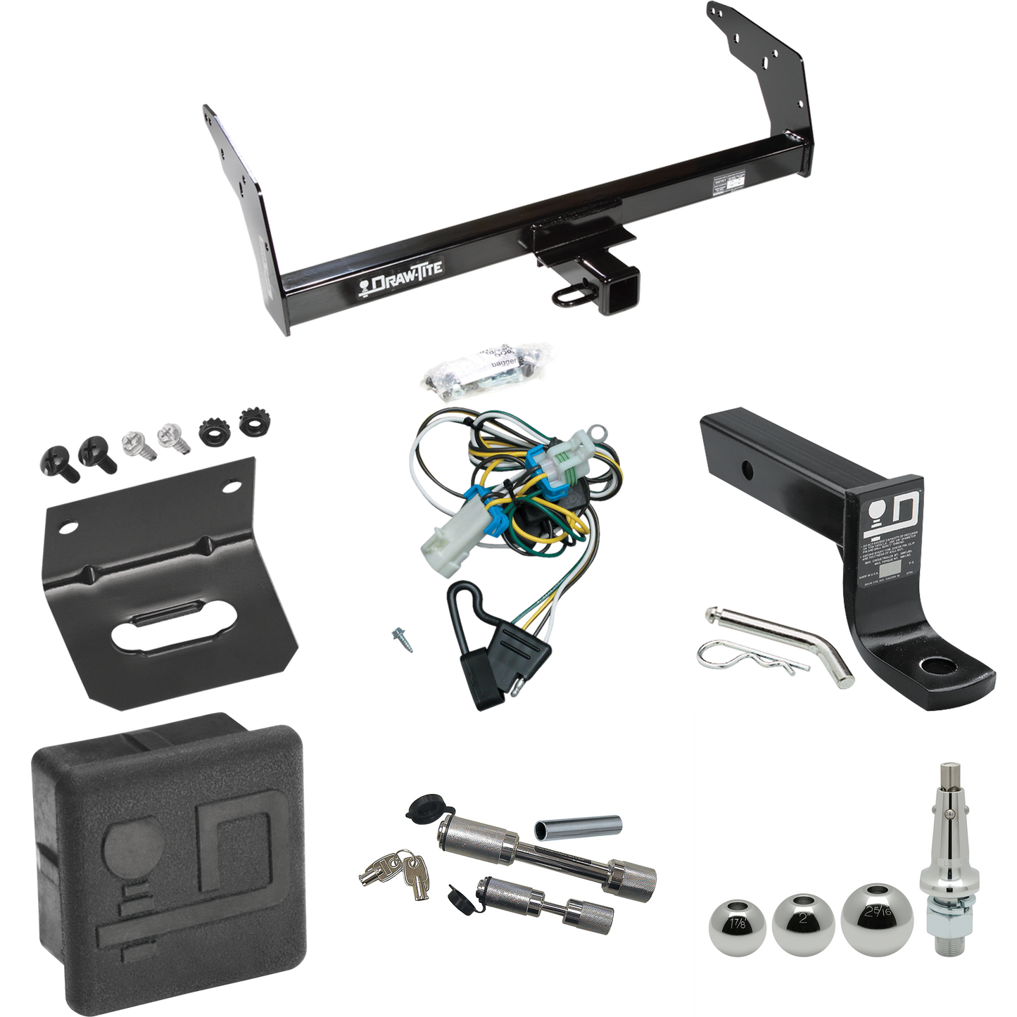 Fits 1998-2004 GMC Sonoma Trailer Hitch Tow PKG w/ 4-Flat Wiring + Ball Mount w/ 4" Drop + Interchangeable Ball 1-7/8" & 2" & 2-5/16" + Wiring Bracket + Dual Hitch & Coupler Locks + Hitch Cover By Draw-Tite