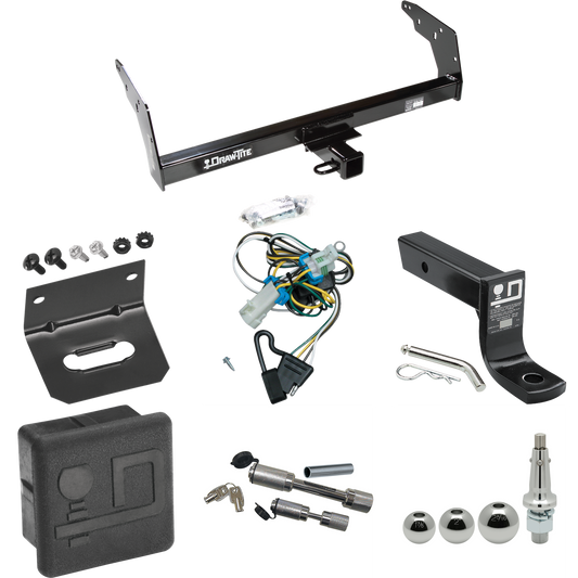 Fits 1998-2004 GMC Sonoma Trailer Hitch Tow PKG w/ 4-Flat Wiring + Ball Mount w/ 4" Drop + Interchangeable Ball 1-7/8" & 2" & 2-5/16" + Wiring Bracket + Dual Hitch & Coupler Locks + Hitch Cover By Draw-Tite