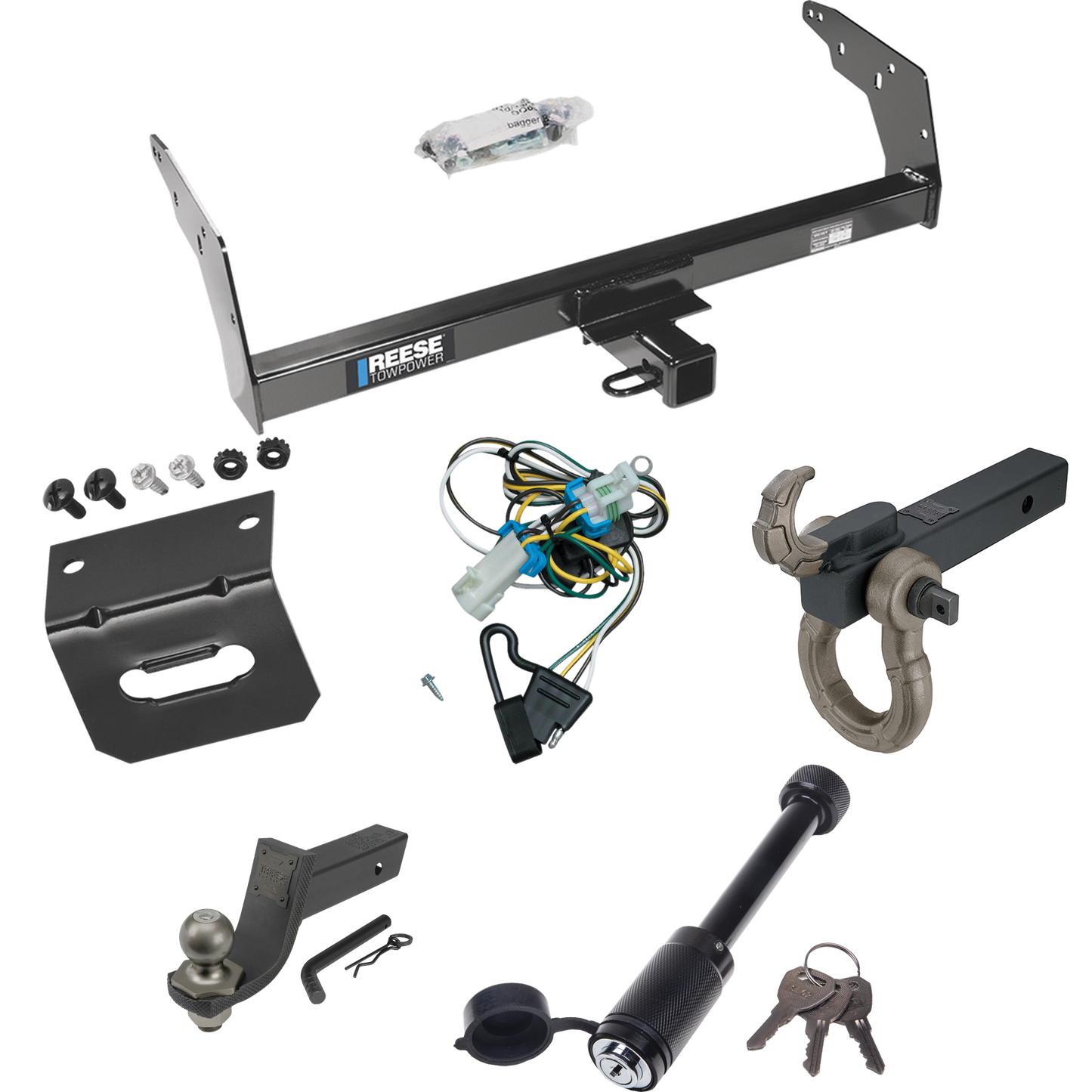 Fits 1998-2004 Chevrolet S10 Trailer Hitch Tow PKG w/ 4-Flat Wiring + Interlock Tactical Starter Kit w/ 3-1/4" Drop & 2" Ball + Tactical Hook & Shackle Mount + Tactical Dogbone Lock + Wiring Bracket By Reese Towpower