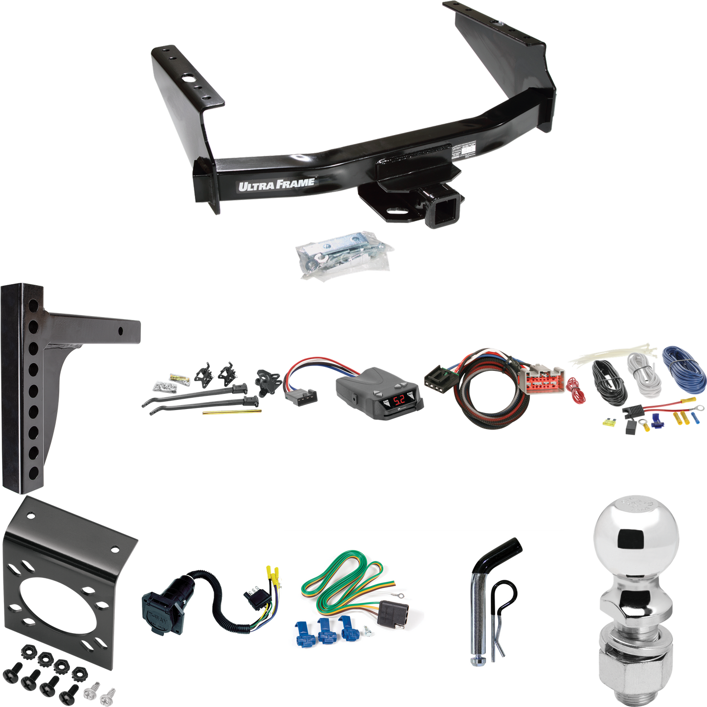 Fits 2002-2004 Ford F-350 Super Duty Trailer Hitch Tow PKG w/ 12K Trunnion Bar Weight Distribution Hitch + Pin/Clip + 2-5/16" Ball + Tekonsha Brakeman IV Brake Control + Plug & Play BC Adapter + 7-Way RV Wiring (Excludes: Cab & Chassis Models) By Dra