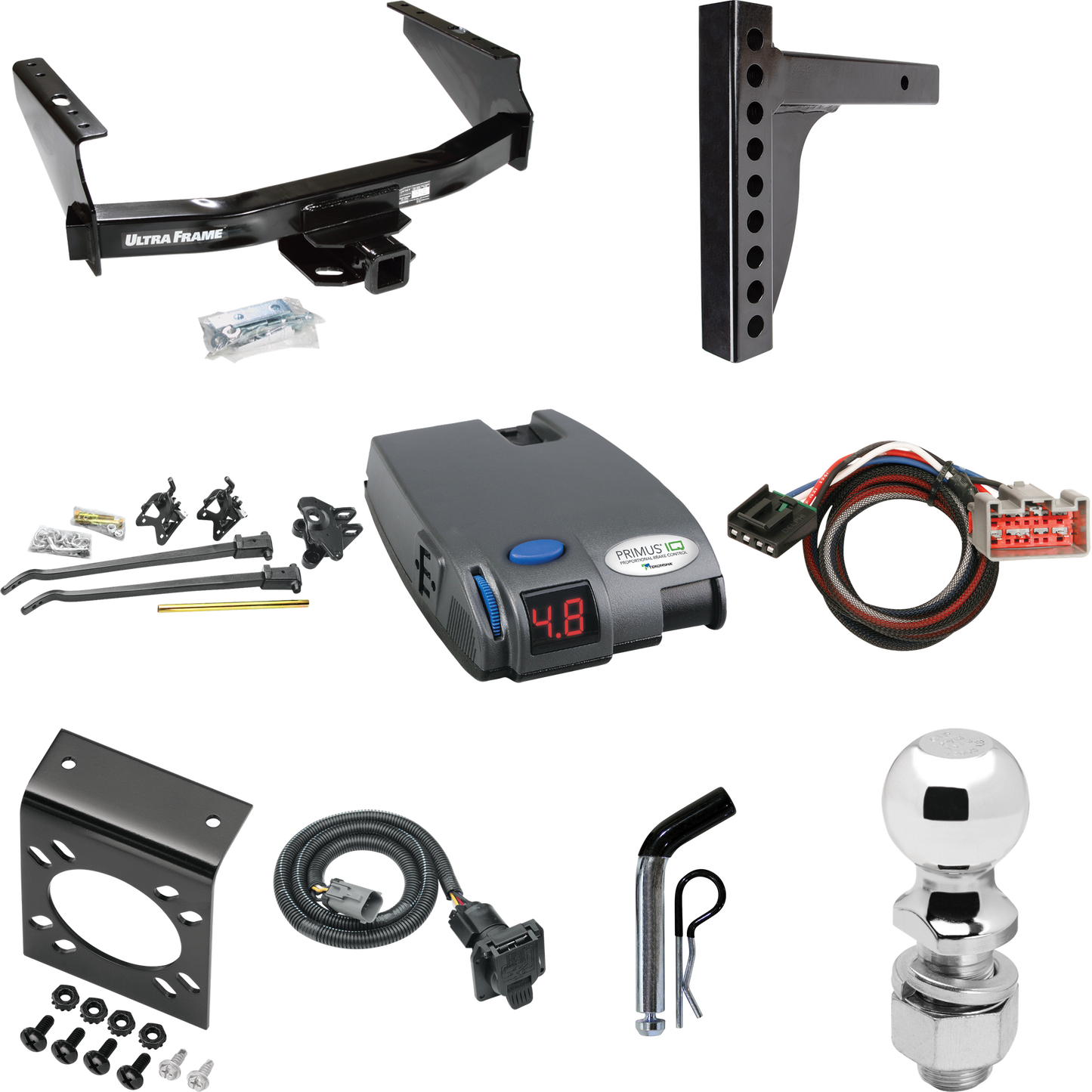 Fits 1999-2001 Ford F-250 Super Duty Trailer Hitch Tow PKG w/ 12K Trunnion Bar Weight Distribution Hitch + Pin/Clip + 2-5/16" Ball + Tekonsha Primus IQ Brake Control + Plug & Play BC Adapter + 7-Way RV Wiring (Excludes: Cab & Chassis Models) By Draw-