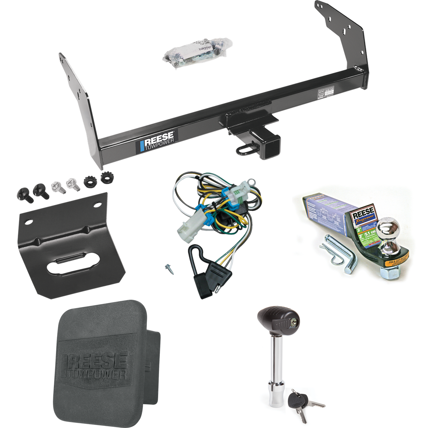 Fits 1998-2004 GMC Sonoma Trailer Hitch Tow PKG w/ 4-Flat Wiring + Starter Kit Ball Mount w/ 2" Drop & 1-7/8" Ball + Wiring Bracket + Hitch Lock + Hitch Cover By Reese Towpower