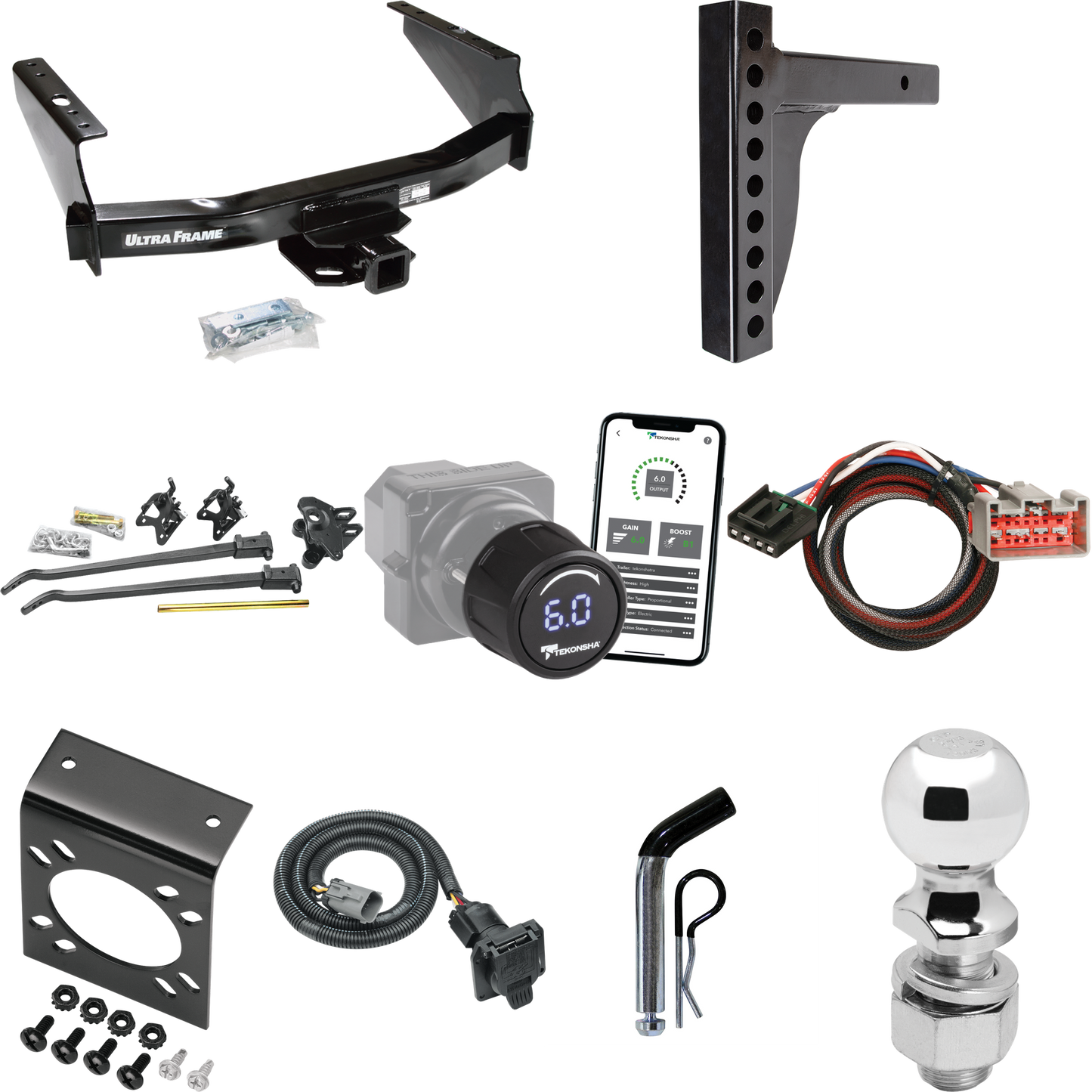 Fits 1999-2001 Ford F-250 Super Duty Trailer Hitch Tow PKG w/ 12K Trunnion Bar Weight Distribution Hitch + Pin/Clip + 2-5/16" Ball + Tekonsha Prodigy iD Bluetooth Wireless Brake Control + Plug & Play BC Adapter + 7-Way RV Wiring (Excludes: Cab & Chas