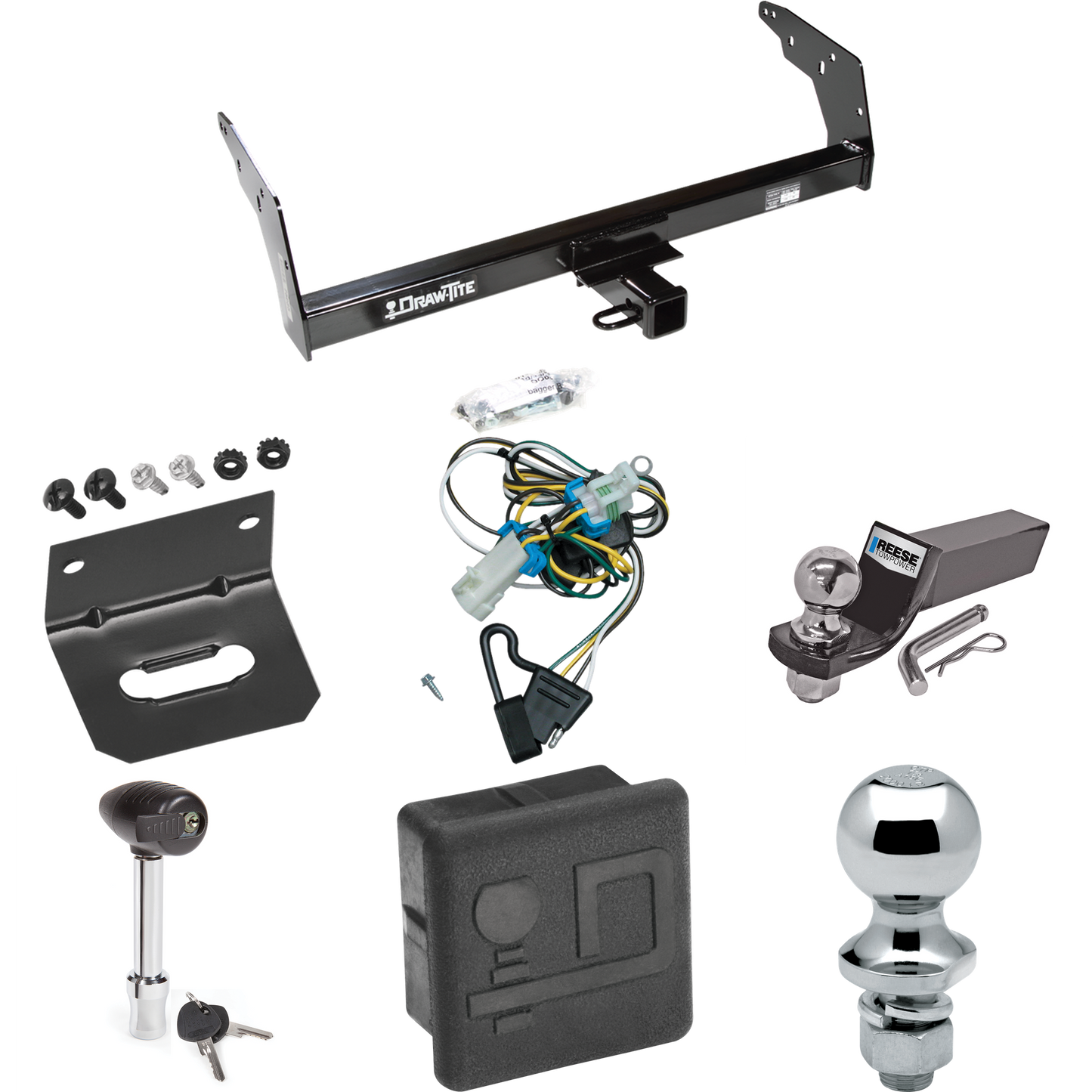 Fits 1998-2000 Isuzu Hombre Trailer Hitch Tow PKG w/ 4-Flat Wiring + Starter Kit Ball Mount w/ 2" Drop & 2" Ball + 1-7/8" Ball + Wiring Bracket + Hitch Lock + Hitch Cover (For w/Step Bumper Models) By Draw-Tite