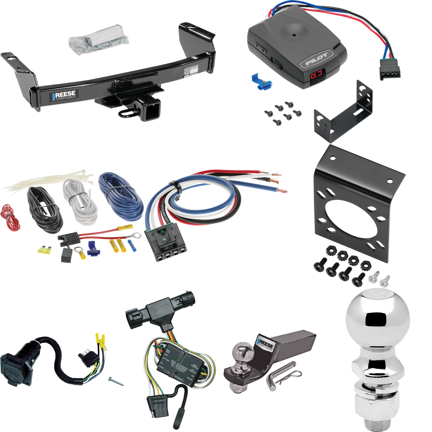 Se adapta al paquete de enganche de remolque Mazda B4000 1994-2009 con control de freno piloto serie Pro + adaptador de cableado BC genérico + cableado RV de 7 vías + soporte de bola y caída de 2" y 2-5/16" de Reese Towpower