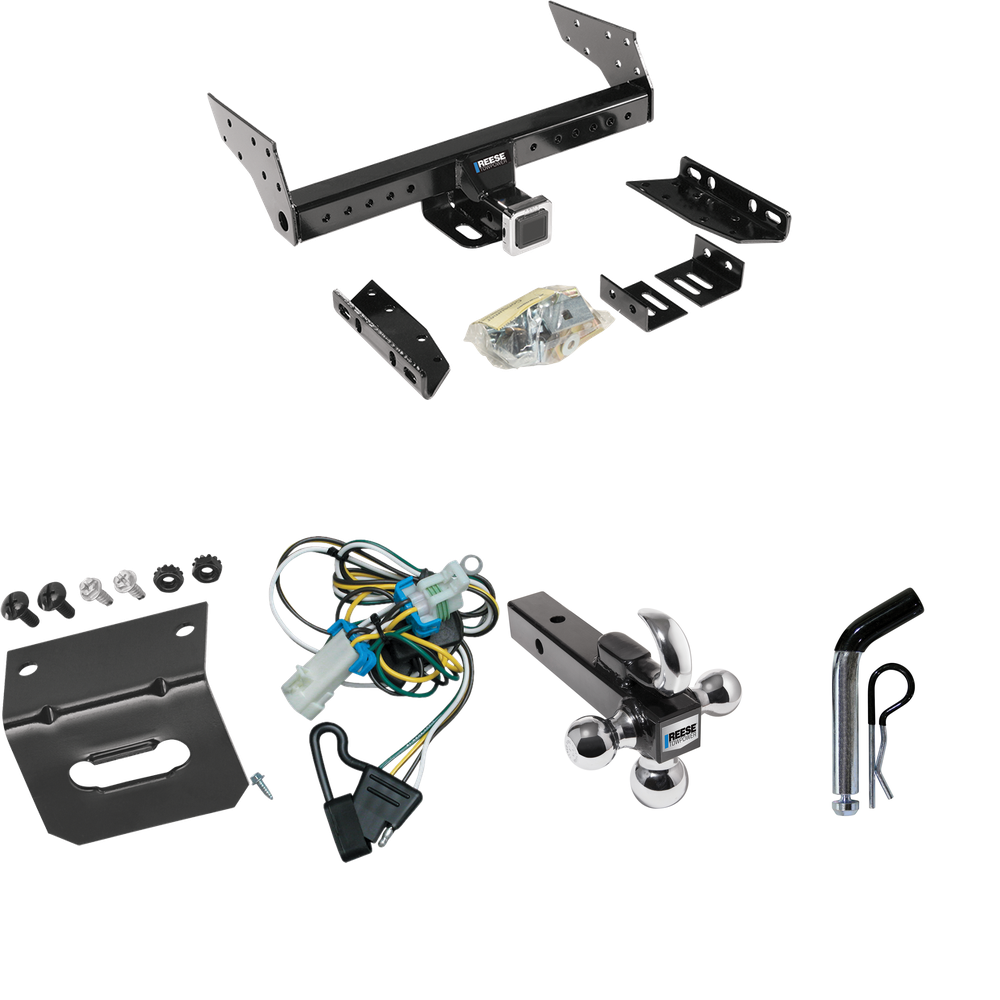 Fits 1998-2004 Chevrolet S10 Trailer Hitch Tow PKG w/ 4-Flat Wiring Harness + Triple Ball Ball Mount 1-7/8" & 2" & 2-5/16" Trailer Balls w/ Tow Hook + Pin/Clip + Wiring Bracket By Reese Towpower