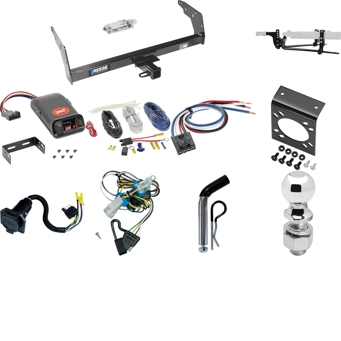 Fits 1998-2004 Chevrolet S10 Trailer Hitch Tow PKG w/ 6K Round Bar Weight Distribution Hitch w/ 2-5/16" Ball + 2" Ball + Pin/Clip + Pro Series POD Brake Control + Generic BC Wiring Adapter + 7-Way RV Wiring By Reese Towpower