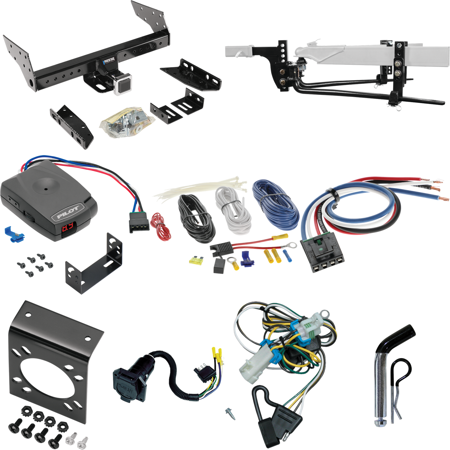 Fits 1998-2004 Chevrolet S10 Trailer Hitch Tow PKG w/ 6K Round Bar Weight Distribution Hitch w/ 2-5/16" Ball + Pin/Clip + Pro Series Pilot Brake Control + Generic BC Wiring Adapter + 7-Way RV Wiring By Reese Towpower