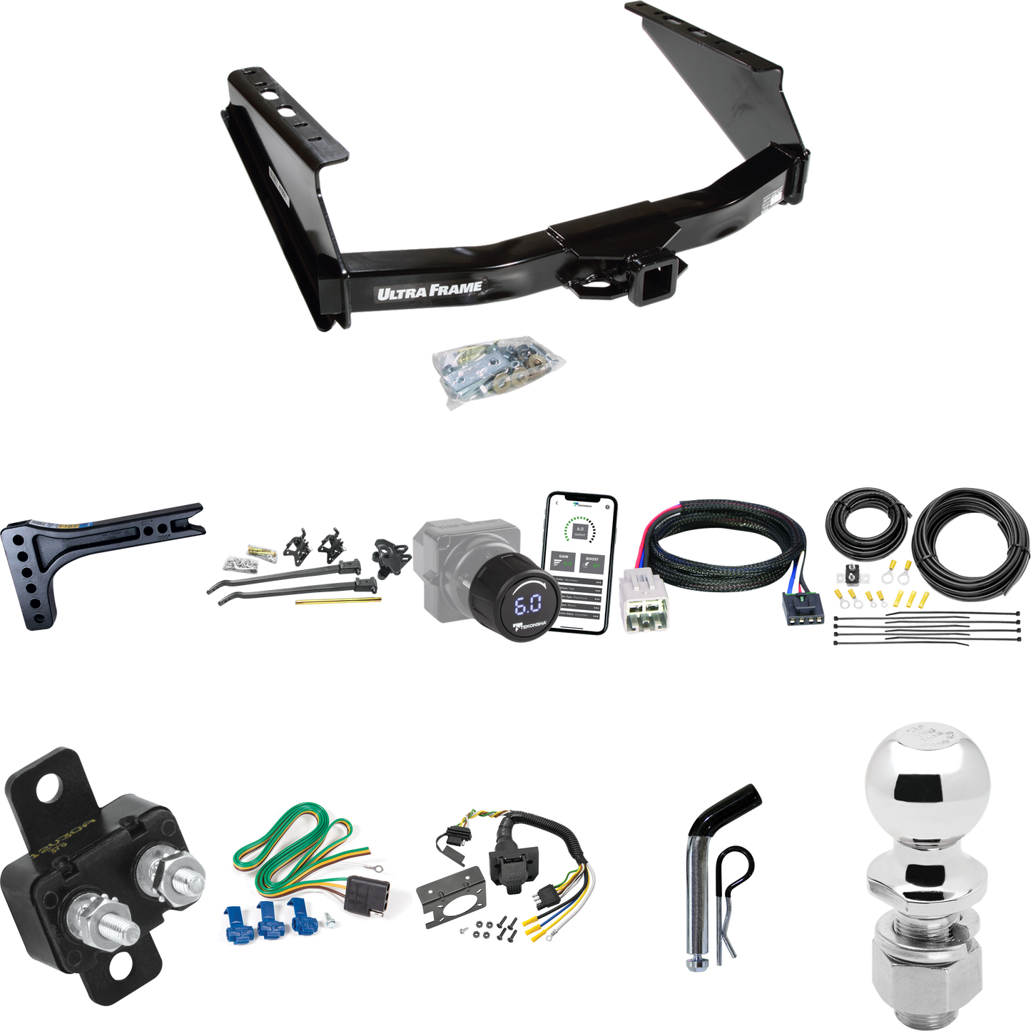 Fits 2005-2007 Ford F-250 Super Duty Trailer Hitch Tow PKG w/ 15K Trunnion Bar Weight Distribution Hitch + Pin/Clip + 2-5/16" Ball + Tekonsha Prodigy iD Bluetooth Wireless Brake Control + Plug & Play BC Adapter + 7-Way RV Wiring (Excludes: Cab & Chas