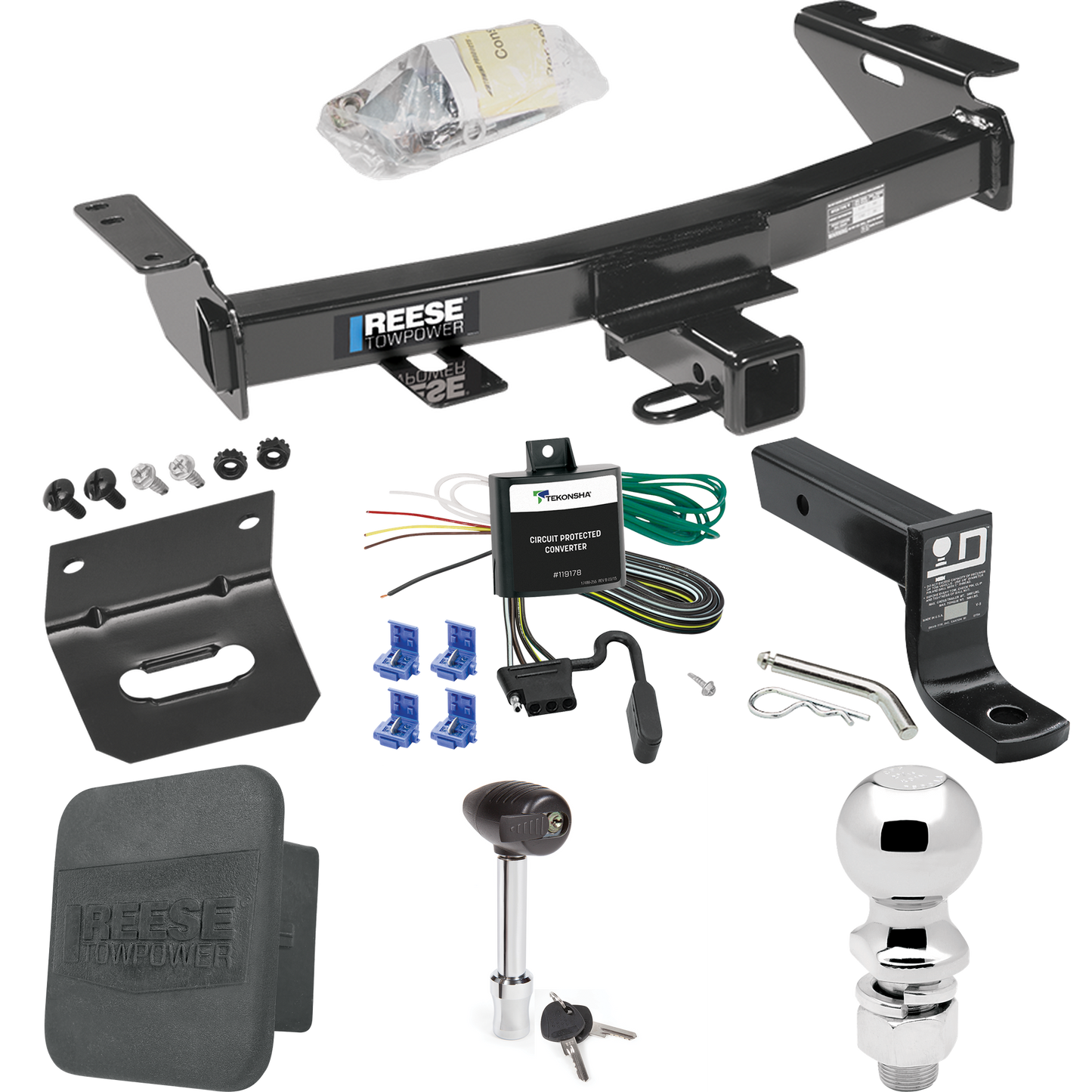 Fits 1999-2005 Pontiac Montana Trailer Hitch Tow PKG w/ 4-Flat Wiring + Ball Mount w/ 4" Drop + 2-5/16" Ball + Wiring Bracket + Hitch Lock + Hitch Cover By Reese Towpower