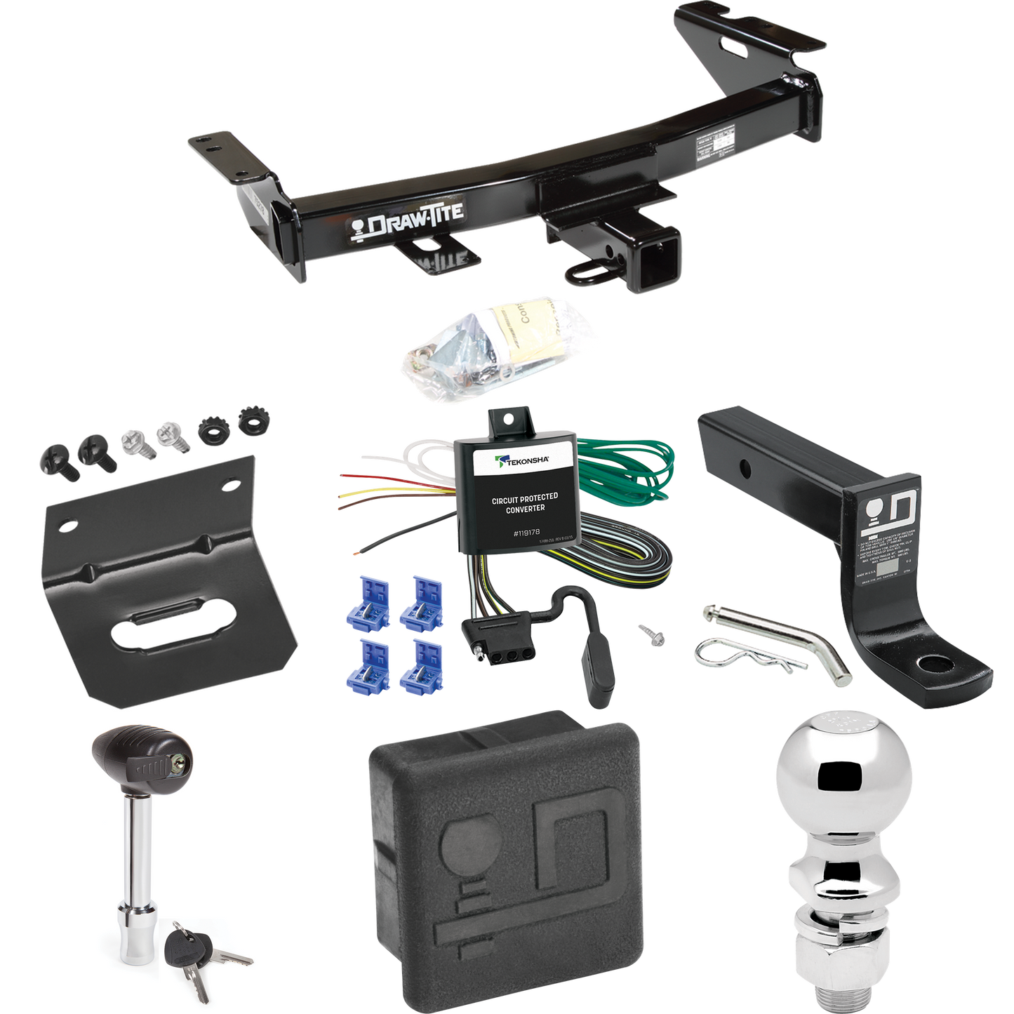 Fits 1997-2005 Chevrolet Venture Trailer Hitch Tow PKG w/ 4-Flat Wiring + Ball Mount w/ 4" Drop + 2-5/16" Ball + Wiring Bracket + Hitch Lock + Hitch Cover By Draw-Tite