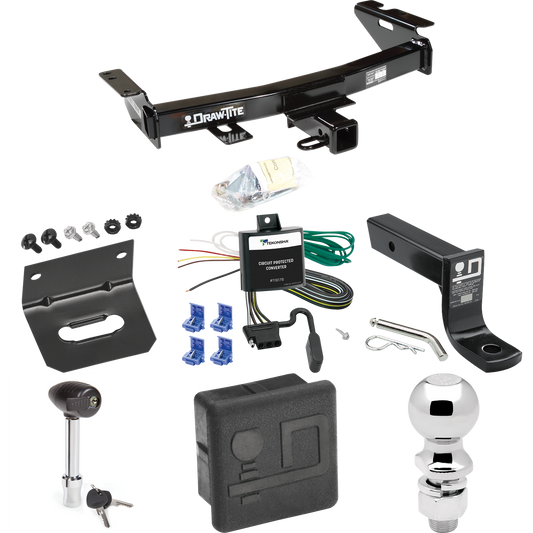 Fits 1997-2005 Chevrolet Venture Trailer Hitch Tow PKG w/ 4-Flat Wiring + Ball Mount w/ 4" Drop + 2-5/16" Ball + Wiring Bracket + Hitch Lock + Hitch Cover By Draw-Tite