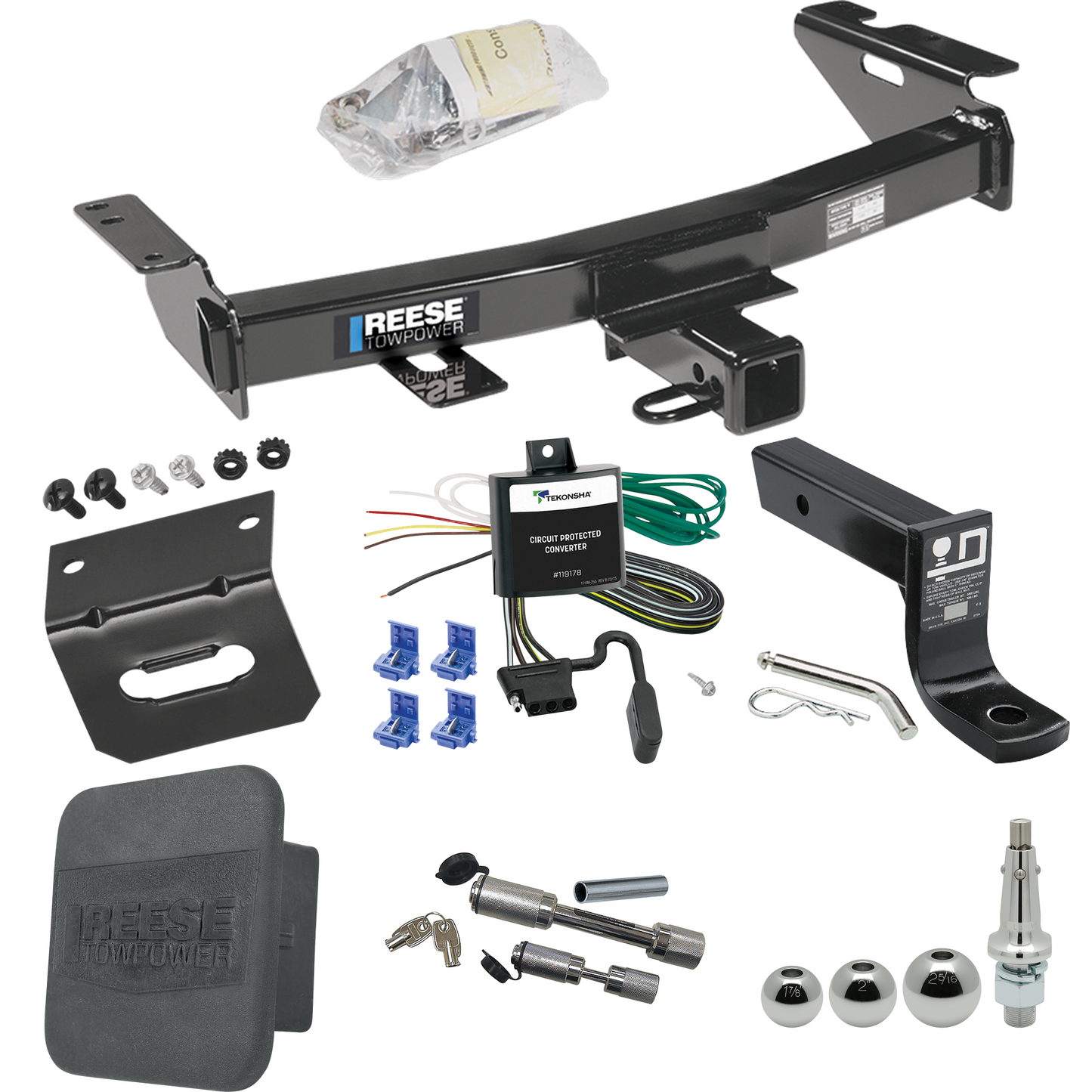 Fits 1997-1998 Pontiac Trans Sport Trailer Hitch Tow PKG w/ 4-Flat Wiring + Ball Mount w/ 4" Drop + Interchangeable Ball 1-7/8" & 2" & 2-5/16" + Wiring Bracket + Dual Hitch & Coupler Locks + Hitch Cover By Reese Towpower