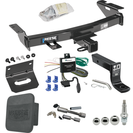 Fits 1997-1998 Pontiac Trans Sport Trailer Hitch Tow PKG w/ 4-Flat Wiring + Ball Mount w/ 4" Drop + Interchangeable Ball 1-7/8" & 2" & 2-5/16" + Wiring Bracket + Dual Hitch & Coupler Locks + Hitch Cover By Reese Towpower