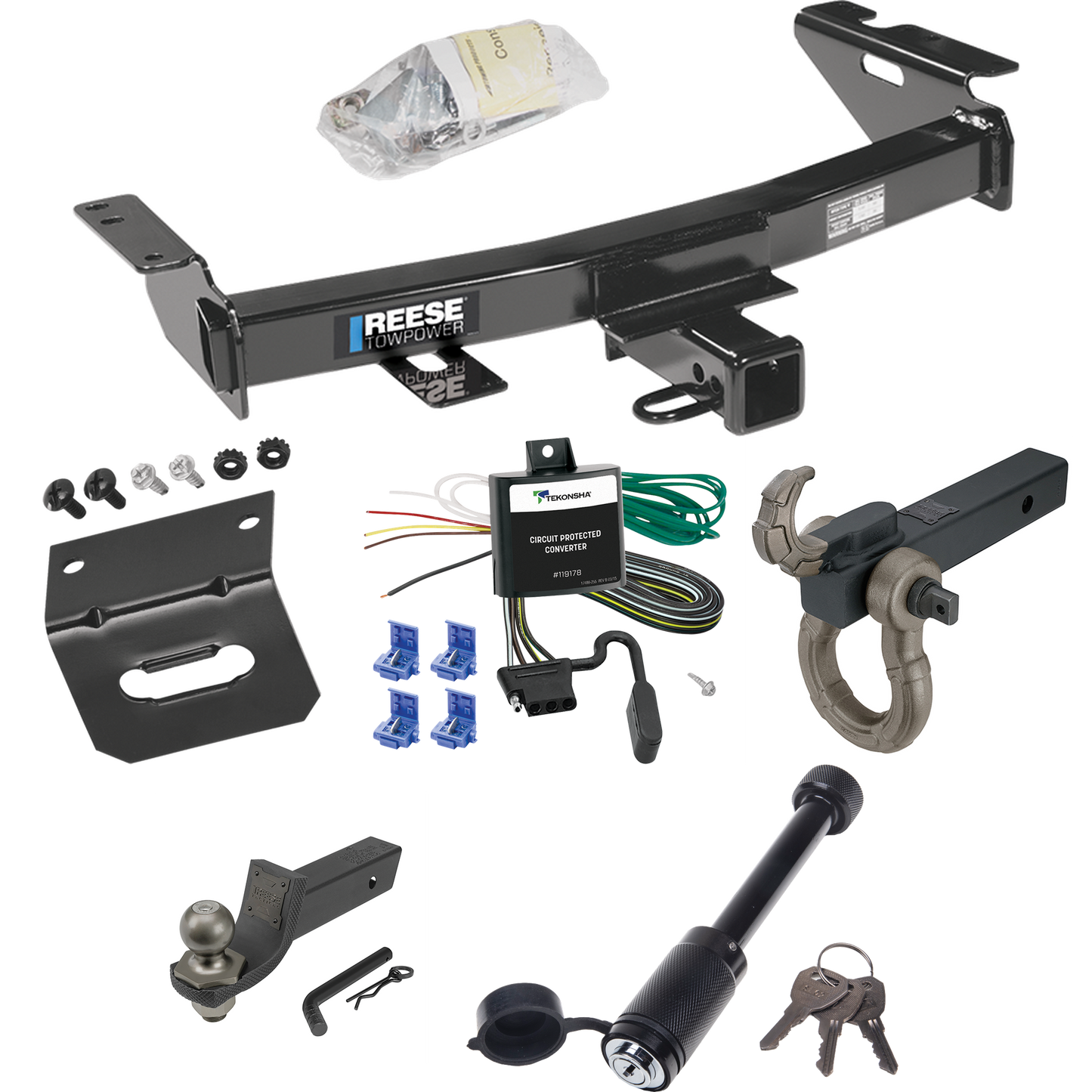 Fits 1997-1998 Pontiac Trans Sport Trailer Hitch Tow PKG w/ 4-Flat Wiring + Interlock Tactical Starter Kit w/ 2" Drop & 2" Ball + Tactical Hook & Shackle Mount + Tactical Dogbone Lock + Wiring Bracket By Reese Towpower