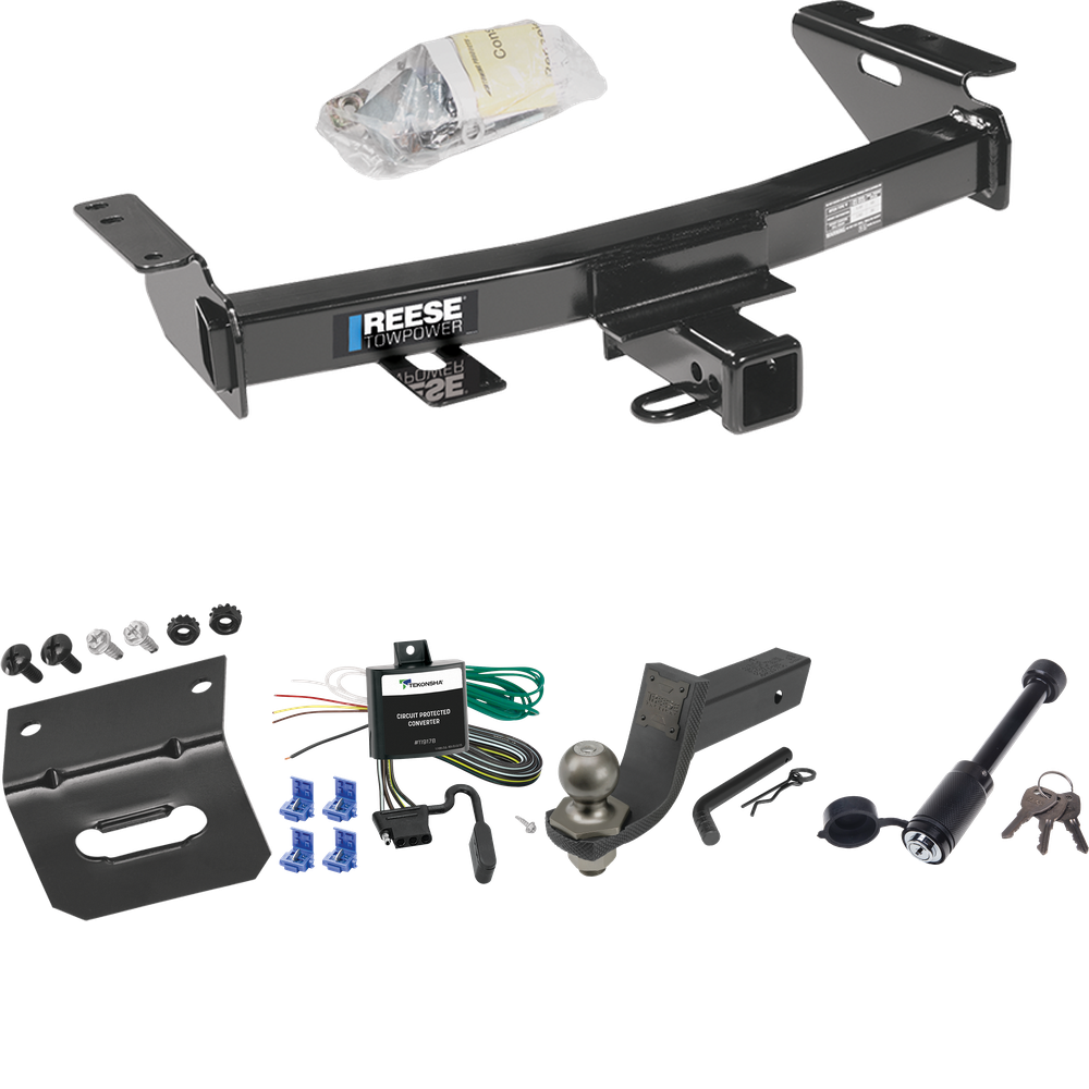 Fits 1997-1998 Pontiac Trans Sport Trailer Hitch Tow PKG w/ 4-Flat Wiring + Interlock Tactical Starter Kit w/ 3-1/4" Drop & 2" Ball + Tactical Dogbone Lock + Wiring Bracket By Reese Towpower