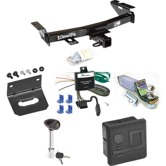 Fits 1999-2005 Pontiac Montana Trailer Hitch Tow PKG w/ 4-Flat Wiring + Starter Kit Ball Mount w/ 2" Drop & 1-7/8" Ball + Wiring Bracket + Hitch Lock + Hitch Cover By Draw-Tite