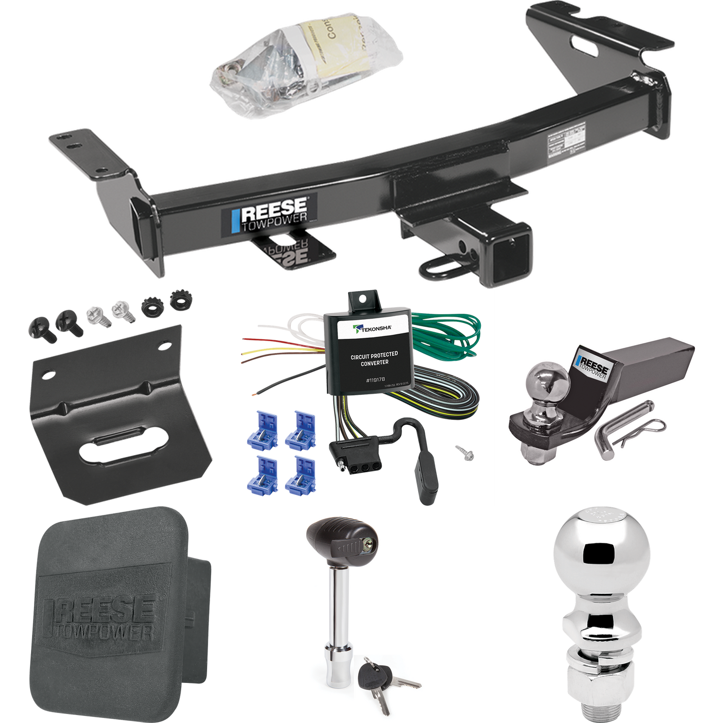 Fits 1997-2005 Chevrolet Venture Trailer Hitch Tow PKG w/ 4-Flat Wiring + Starter Kit Ball Mount w/ 2" Drop & 2" Ball + 2-5/16" Ball + Wiring Bracket + Hitch Lock + Hitch Cover By Reese Towpower