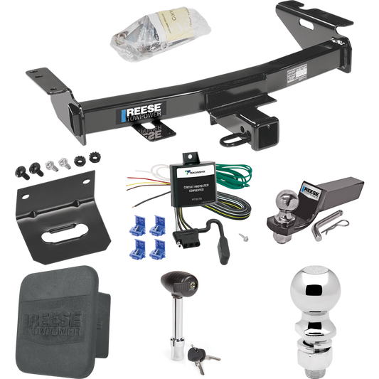 Fits 1997-2005 Chevrolet Venture Trailer Hitch Tow PKG w/ 4-Flat Wiring + Starter Kit Ball Mount w/ 2" Drop & 2" Ball + 2-5/16" Ball + Wiring Bracket + Hitch Lock + Hitch Cover By Reese Towpower