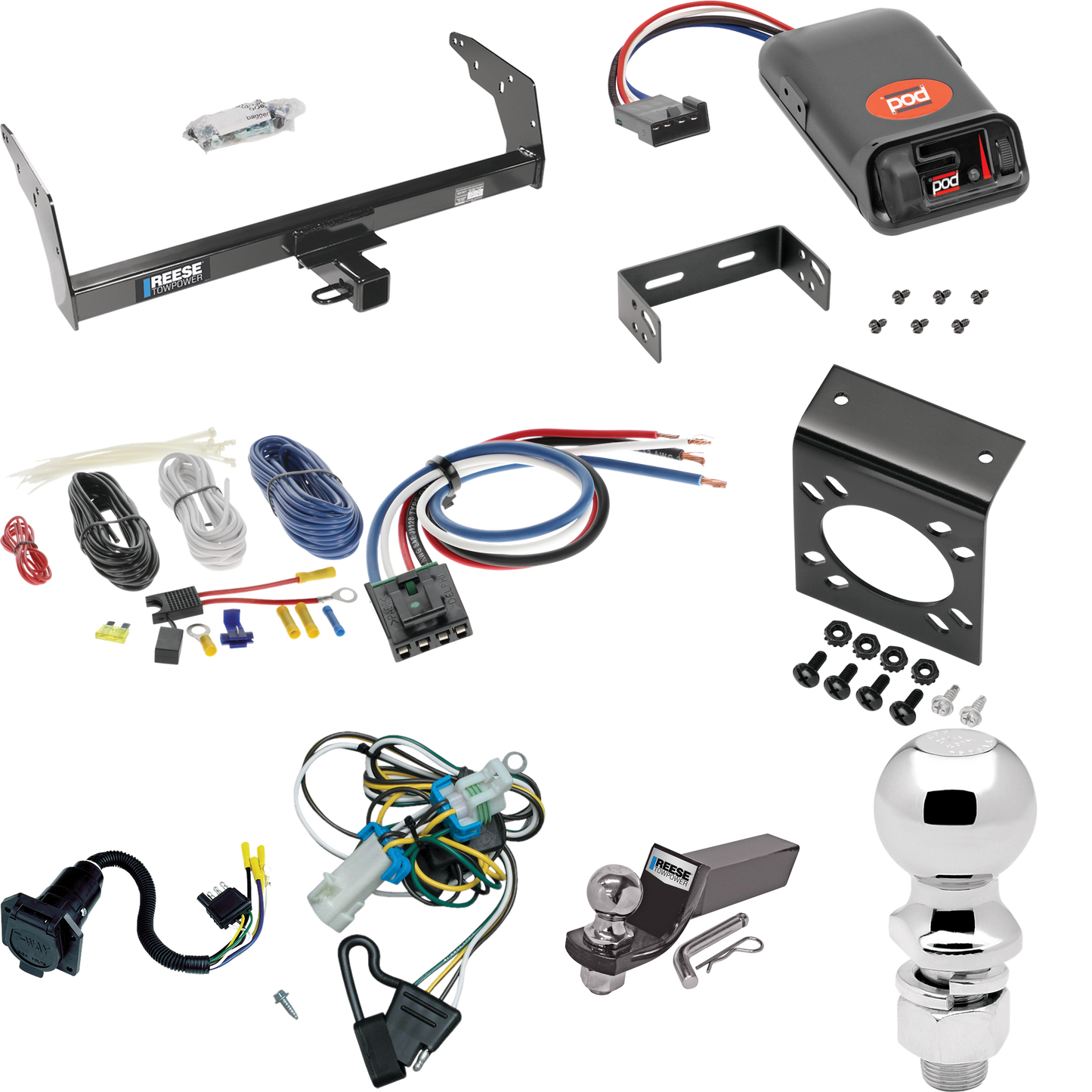 Fits 1998-2004 Chevrolet S10 Trailer Hitch Tow PKG w/ Pro Series POD Brake Control + Generic BC Wiring Adapter + 7-Way RV Wiring + 2" & 2-5/16" Ball & Drop Mount By Reese Towpower