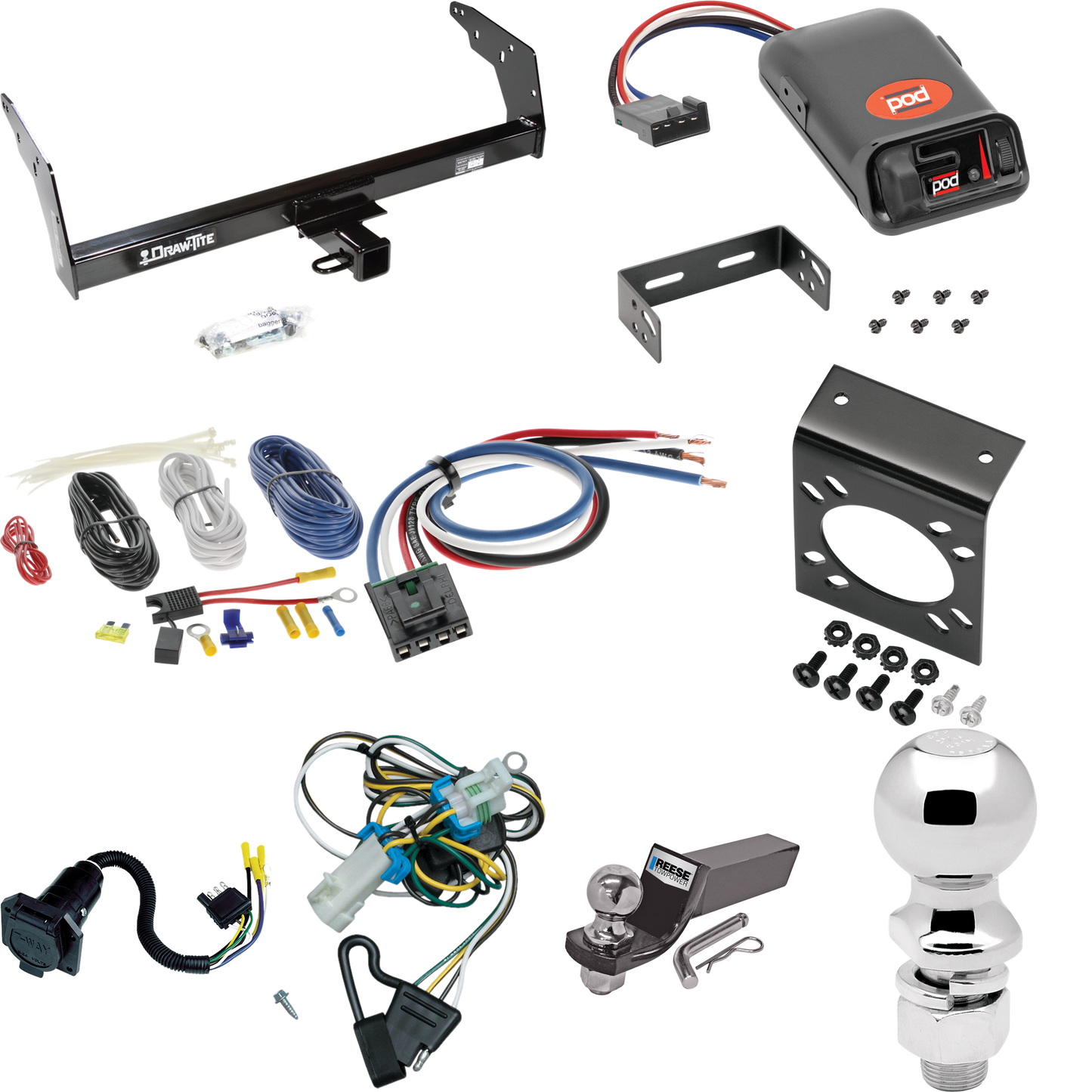 Fits 1998-2004 Chevrolet S10 Trailer Hitch Tow PKG w/ Pro Series POD Brake Control + Generic BC Wiring Adapter + 7-Way RV Wiring + 2" & 2-5/16" Ball & Drop Mount By Draw-Tite