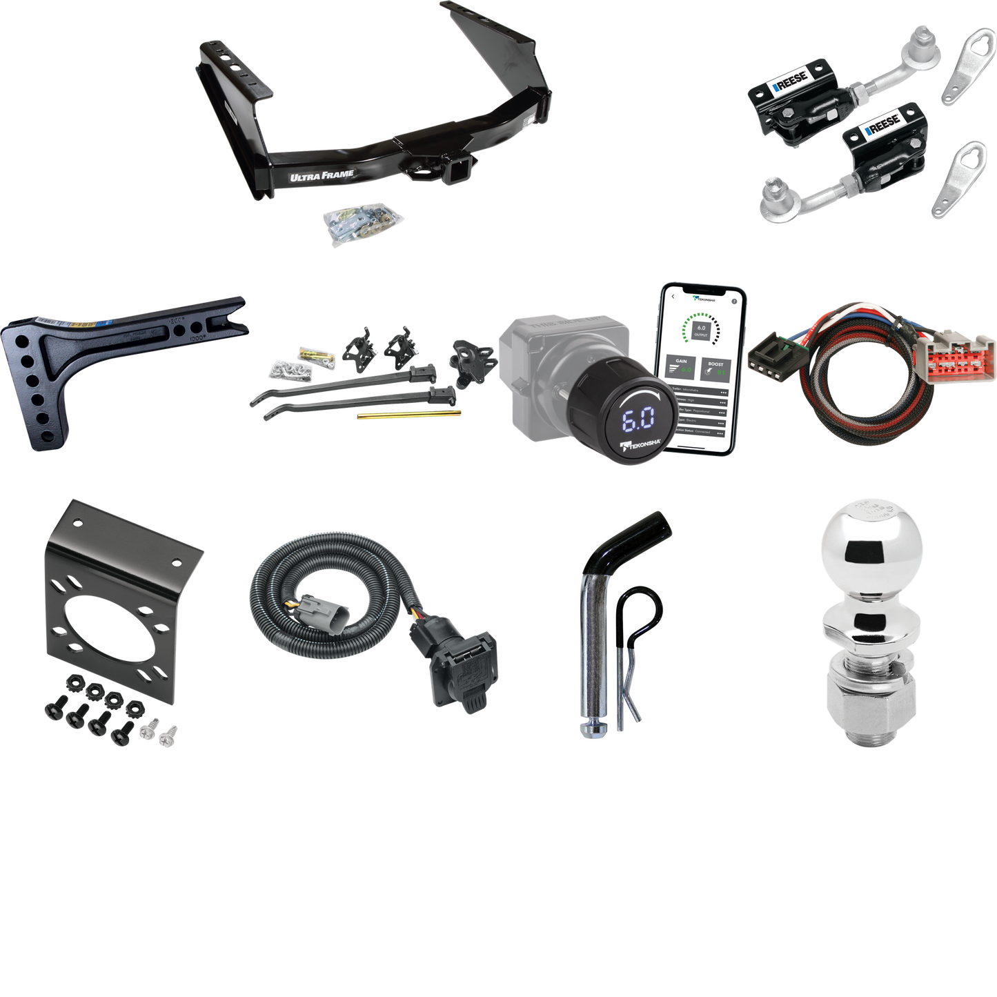 Fits 1999-2001 Ford F-250 Super Duty Trailer Hitch Tow PKG w/ 15K Trunnion Bar Weight Distribution Hitch + Pin/Clip + Dual Cam Sway Control + 2-5/16" Ball + Tekonsha Prodigy iD Bluetooth Wireless Brake Control + Plug & Play BC Adapter + 7-Way RV Wiri